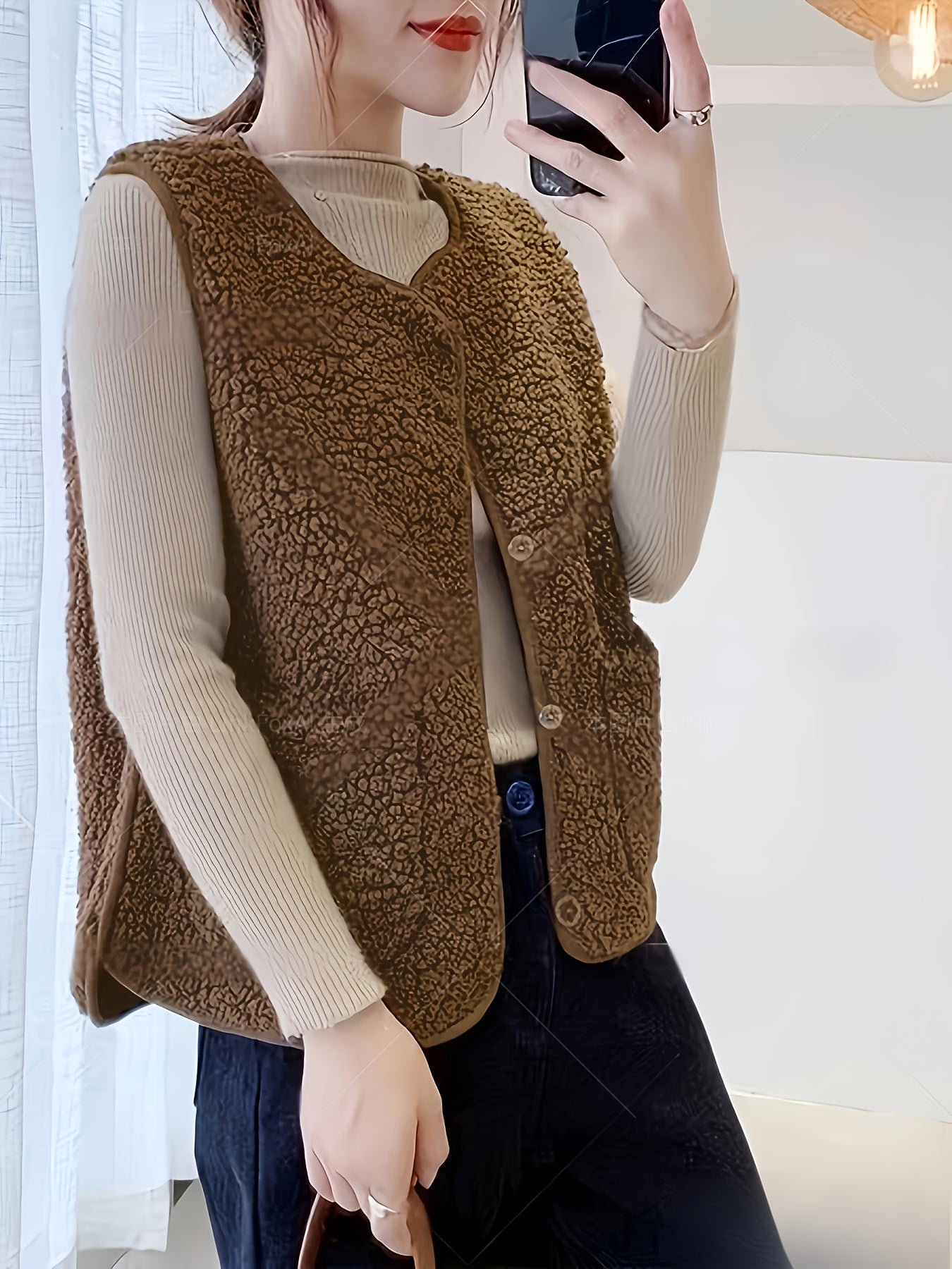 Women'S Button Lamb Vest Winter Spring Can Be Worn Outside Plush Vest Casual Fashion Cute Coat Solid Color Double Pockets - veyora