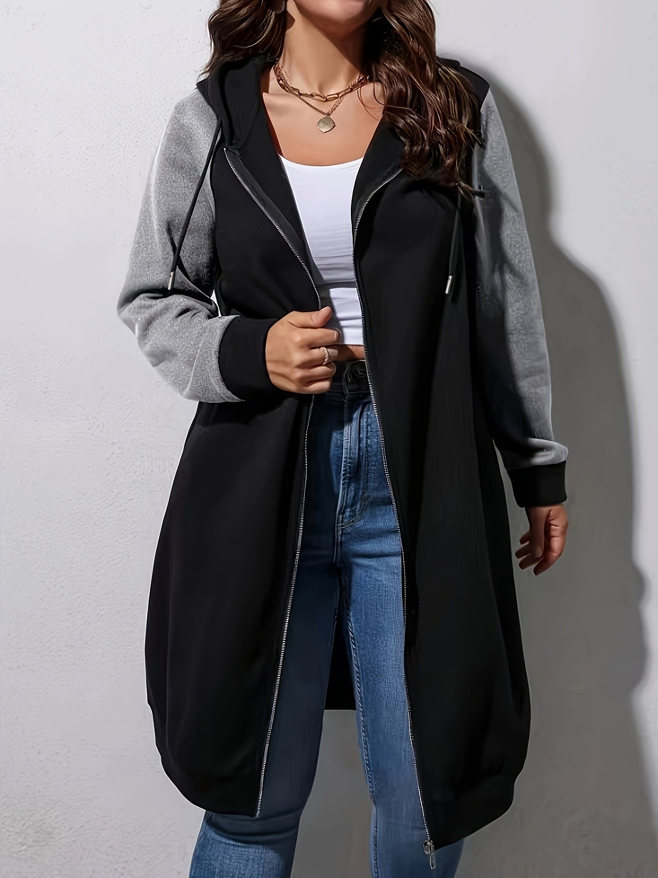 Long Casual Hoodie - Style Coat with Contrasting Colors for Women - veyora