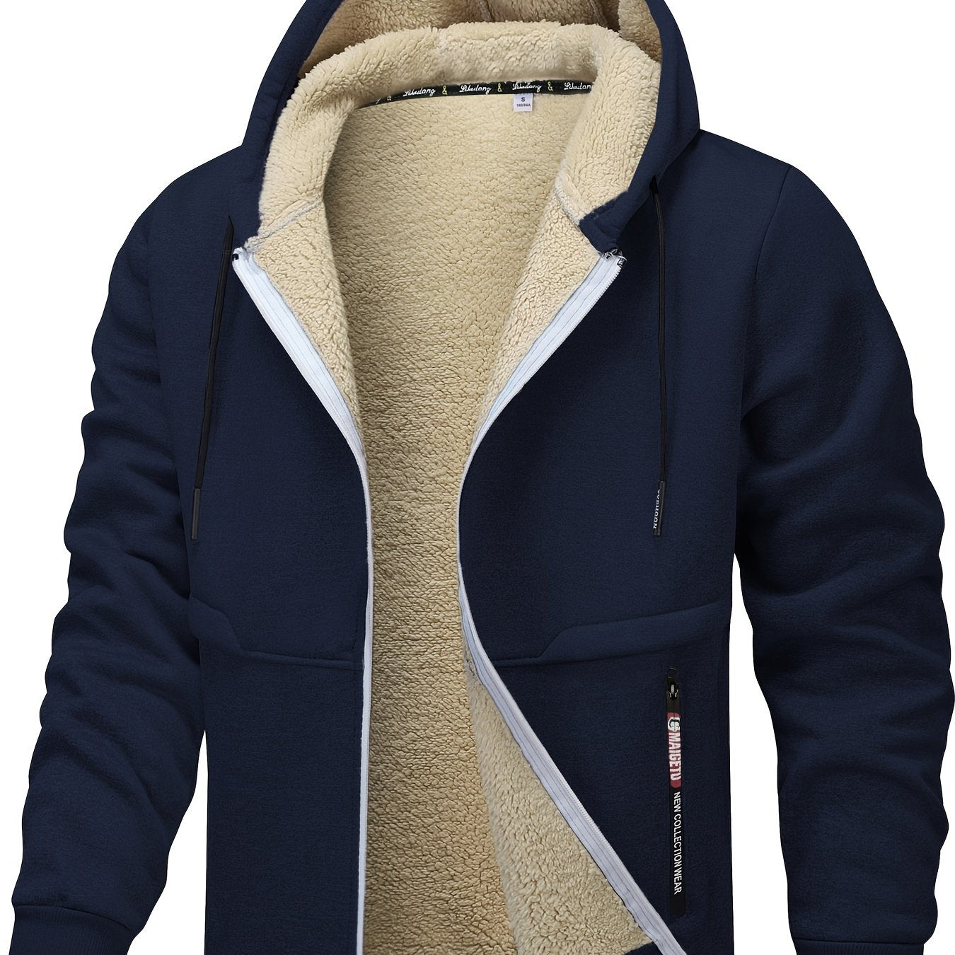 Men's Fleece - Lined Hooded Jacket - Casual Stretch Breathable Zip - Up with Drawstring Detail, Warm Polyester Outerwear for Fall/Winter Outdoor Activities, Zip Up Hoodie - veyora
