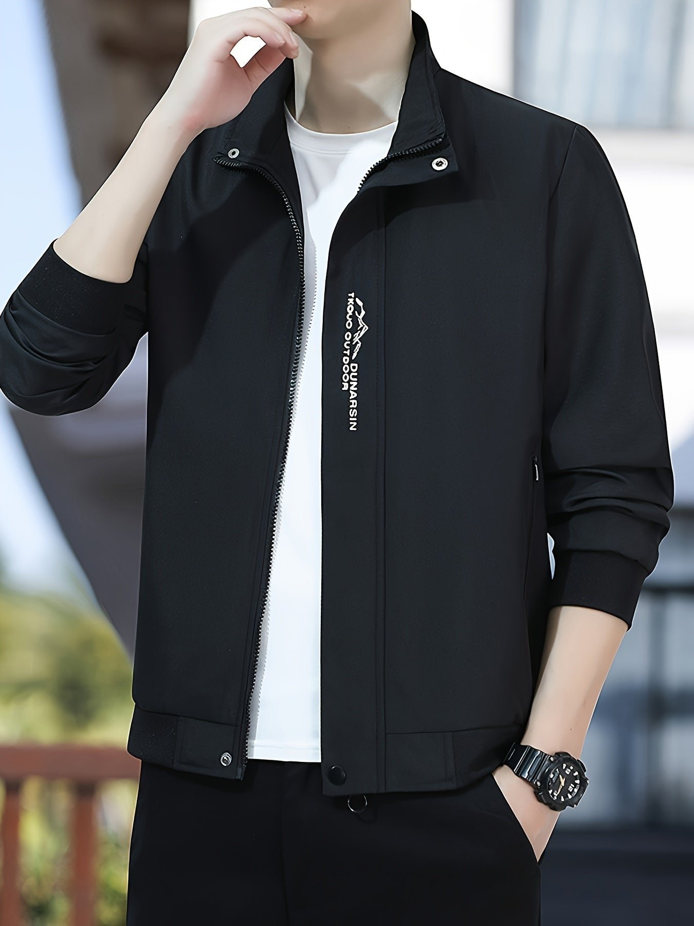 Men's Casual Zip Up Jacket, Chic Stand Collar Bomber Jacket - veyora