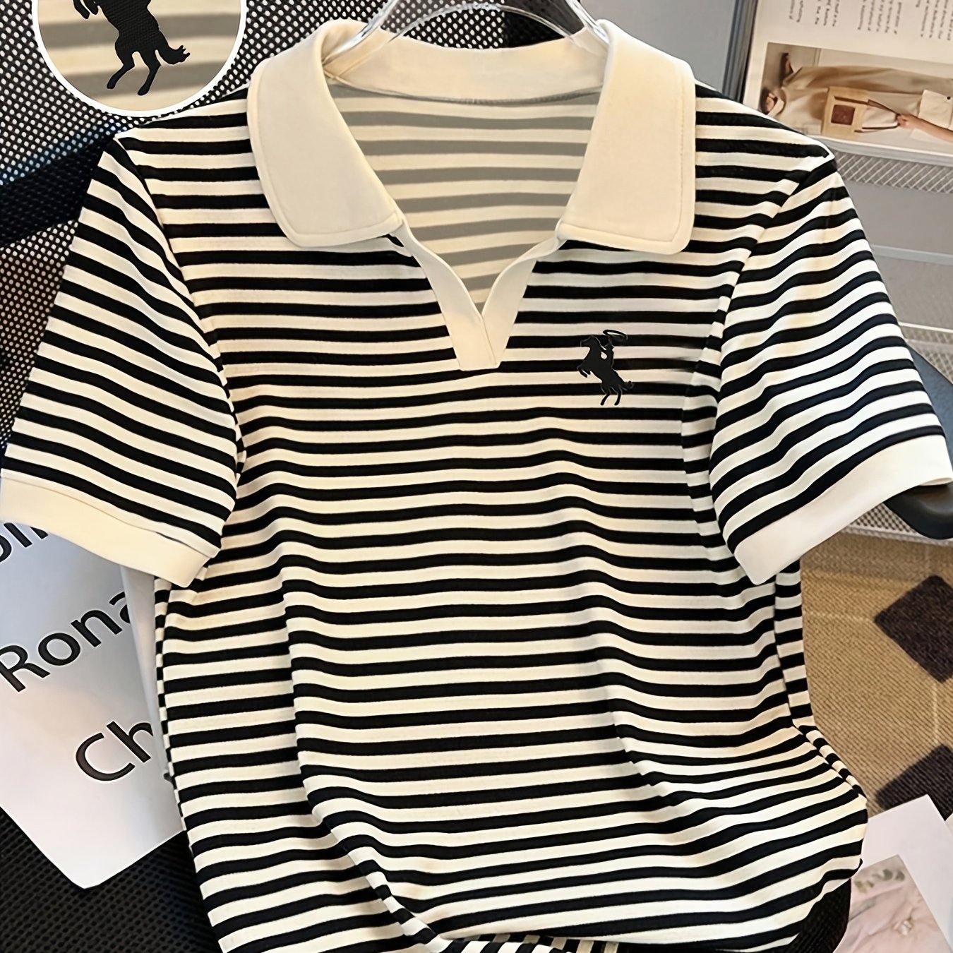 Knight Stripe Embroidered Women's Neck Short Sleeve T-Shirt, Stylish Stripe Contrast Color Versatile Casual Summer Top, Machine Washable All - Season Comfort Fit - veyora
