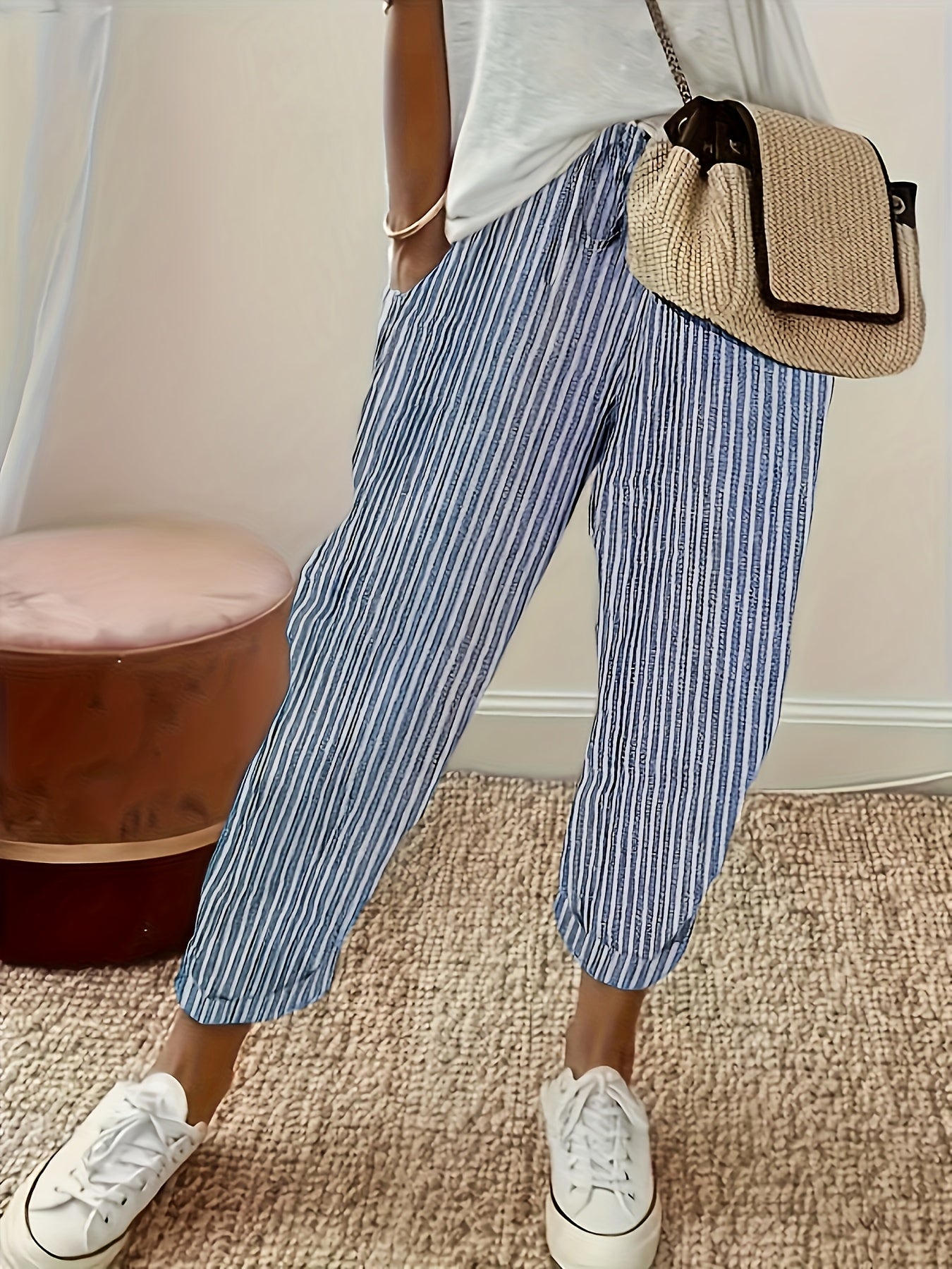 Women's Striped Wide - Leg Casual Pants - High - Waisted, Lightweight Polyester, Machine Washable, All - Season Comfort with Side Stripe Detail - veyora