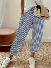 Women's Striped Wide - Leg Casual Pants - High - Waisted, Lightweight Polyester, Machine Washable, All - Season Comfort with Side Stripe Detail - veyora