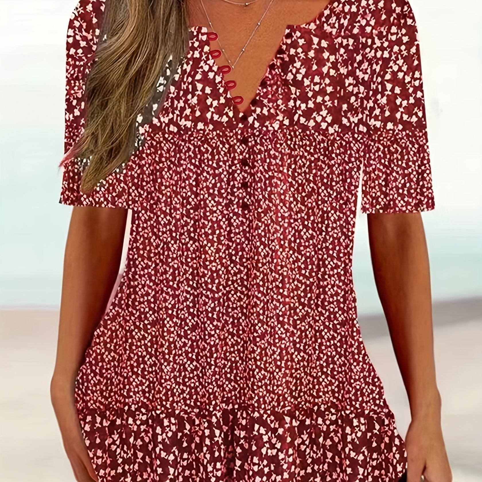 Floral Print Button Front T-Shirt, Casual Short Sleeve T-Shirt For Spring & Summer, Women's Clothing - veyora