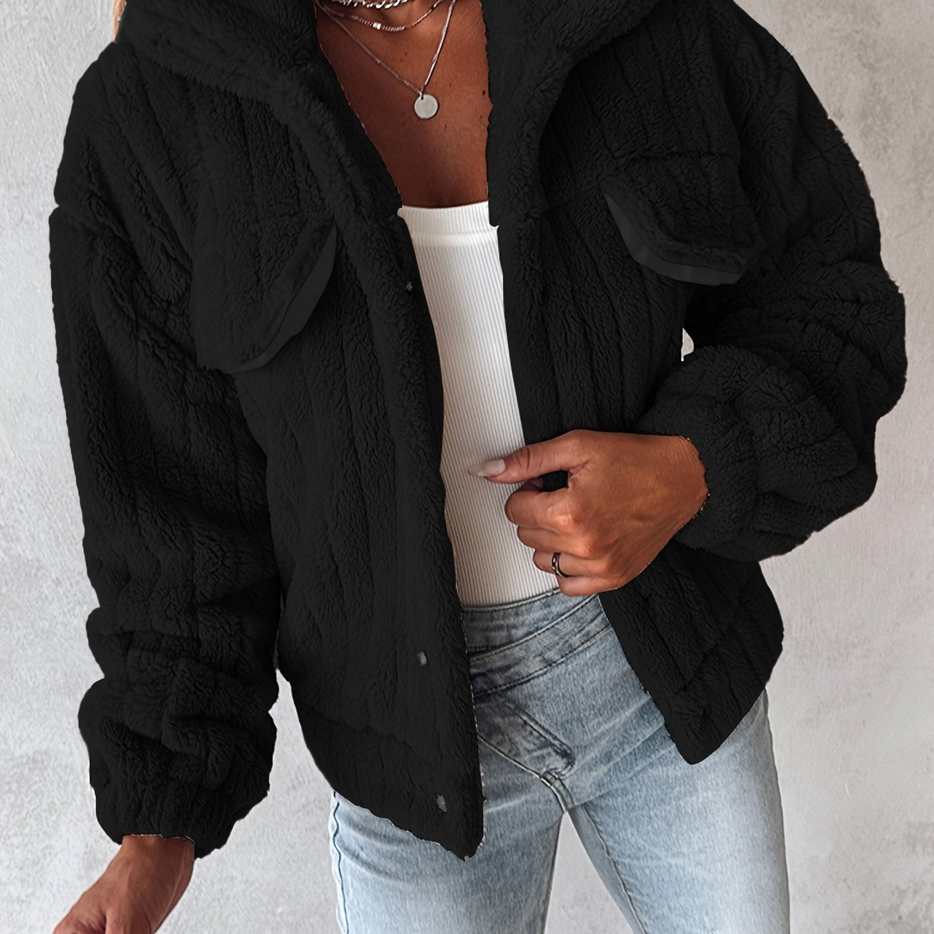 Women's Plush Casual Jacket - Soft Pink Winter Coat with Stand - Up Collar & Button Front, Machine Washable Fall/Winter Outerwear for Everyday Comfort, Buttonup Front, Cozy Fabric - veyora