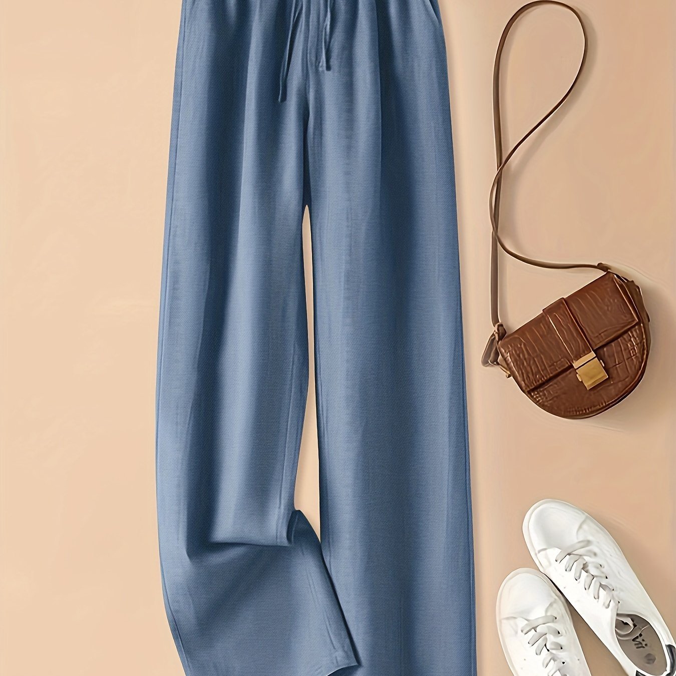 Vintage - style Loose - fitting Thin - linen Wide - leg Pants for Women, Versatile with Elastic High Waist and Drawstring,, Artistic, Casual, Straight - leg Trousers - veyora
