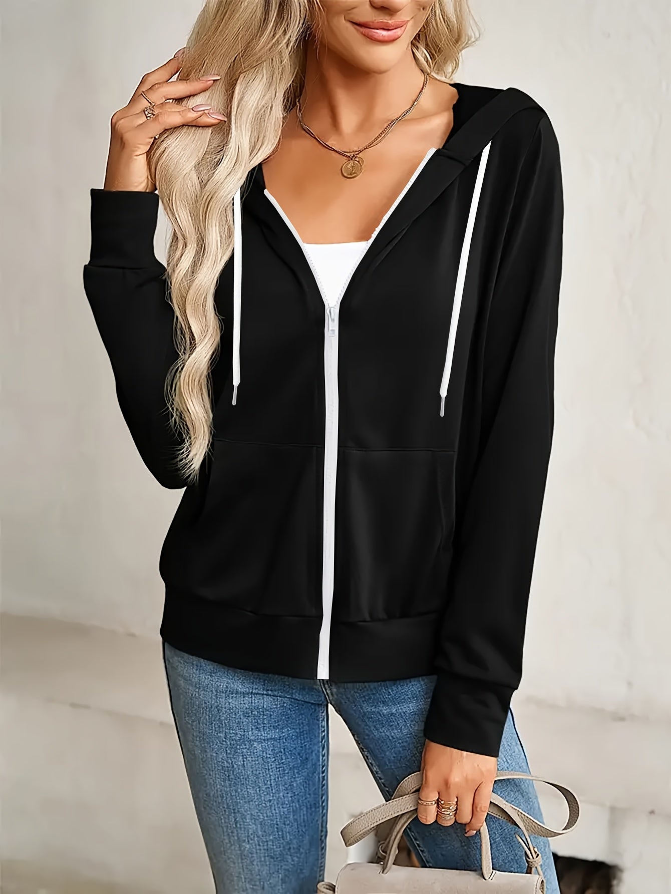 Fashion Women's Hooded Zip - Up Sweatshirt - Solid Color, Long Sleeve, Casual Sportswear with Adjustable Drawstring and Smooth Zipper Closure - Comfortable and Trendy - veyora