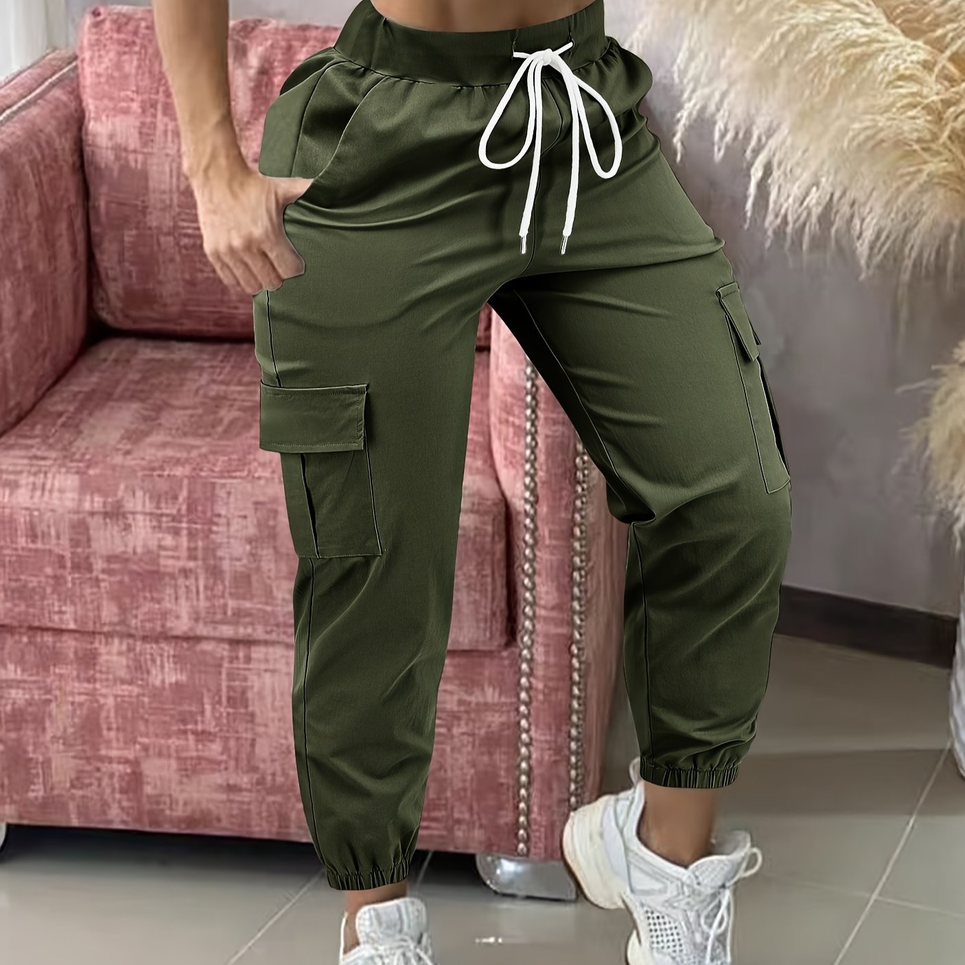 Women'S Casual Cargo Pants with Drawstring Waist, Beige, Multiple Pockets, Frayed Hem, White Sneakers, All - Season Comfort Fit, Casual Wear Pants | Frayed Hem Pants | Functional Pockets - veyora