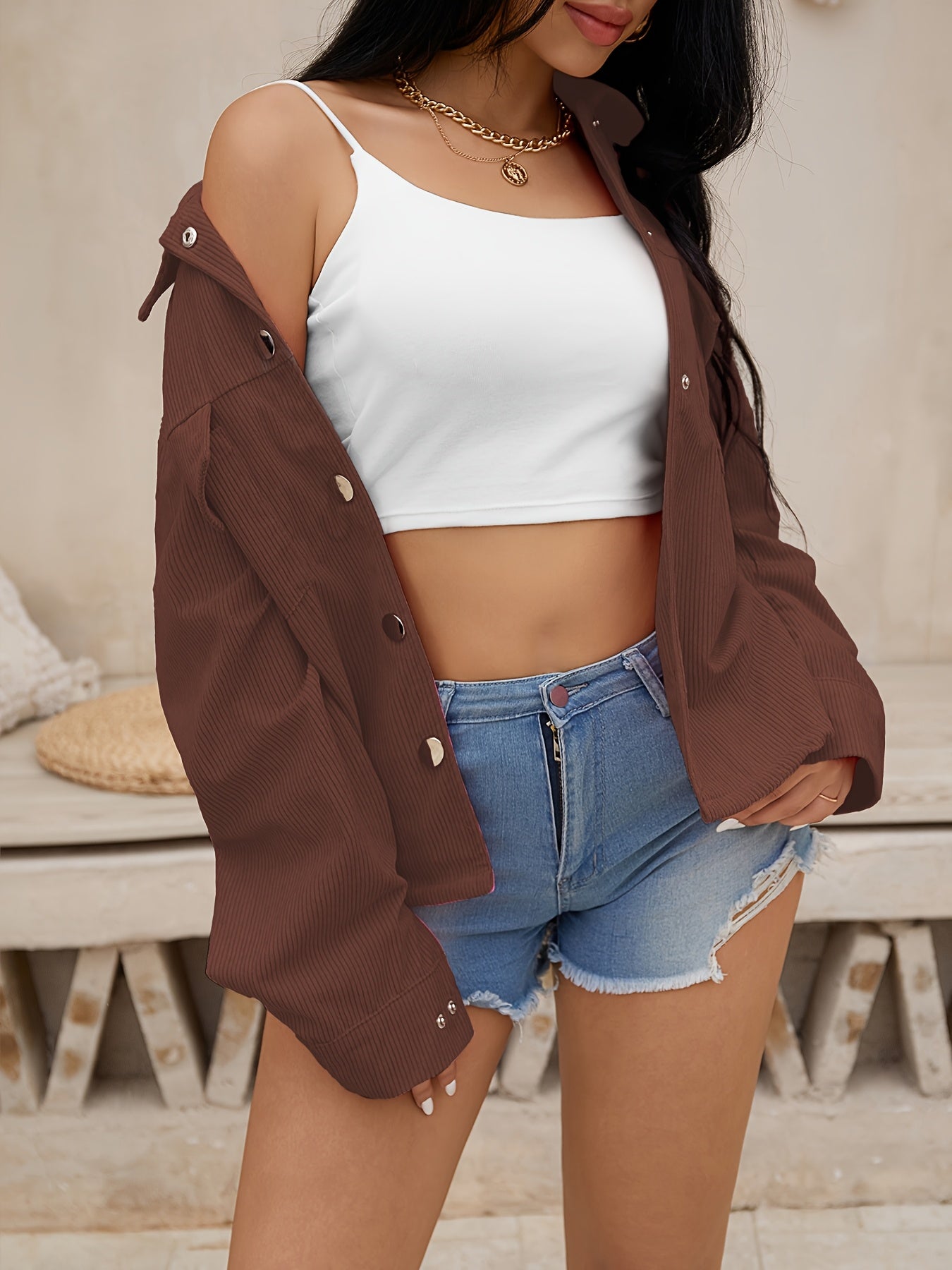 European and American Cross - border Autumn/winter New Women's Corduroy Ribbed Coat Jacket - veyora