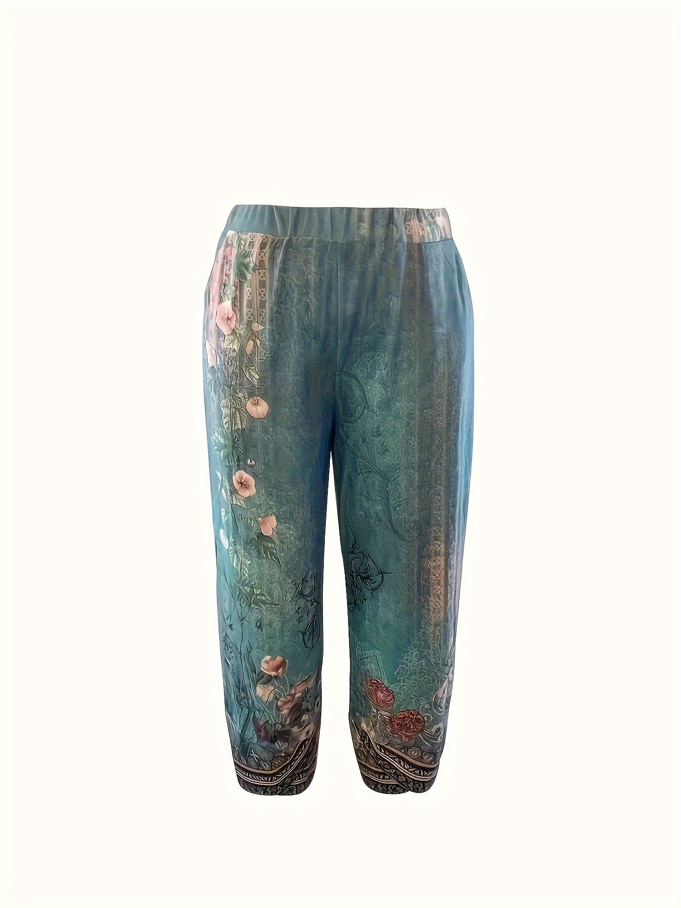 Chic Vintage Floral Capri Pants - Casual and Comfortable with an Elastic Waist and Pockets - veyora