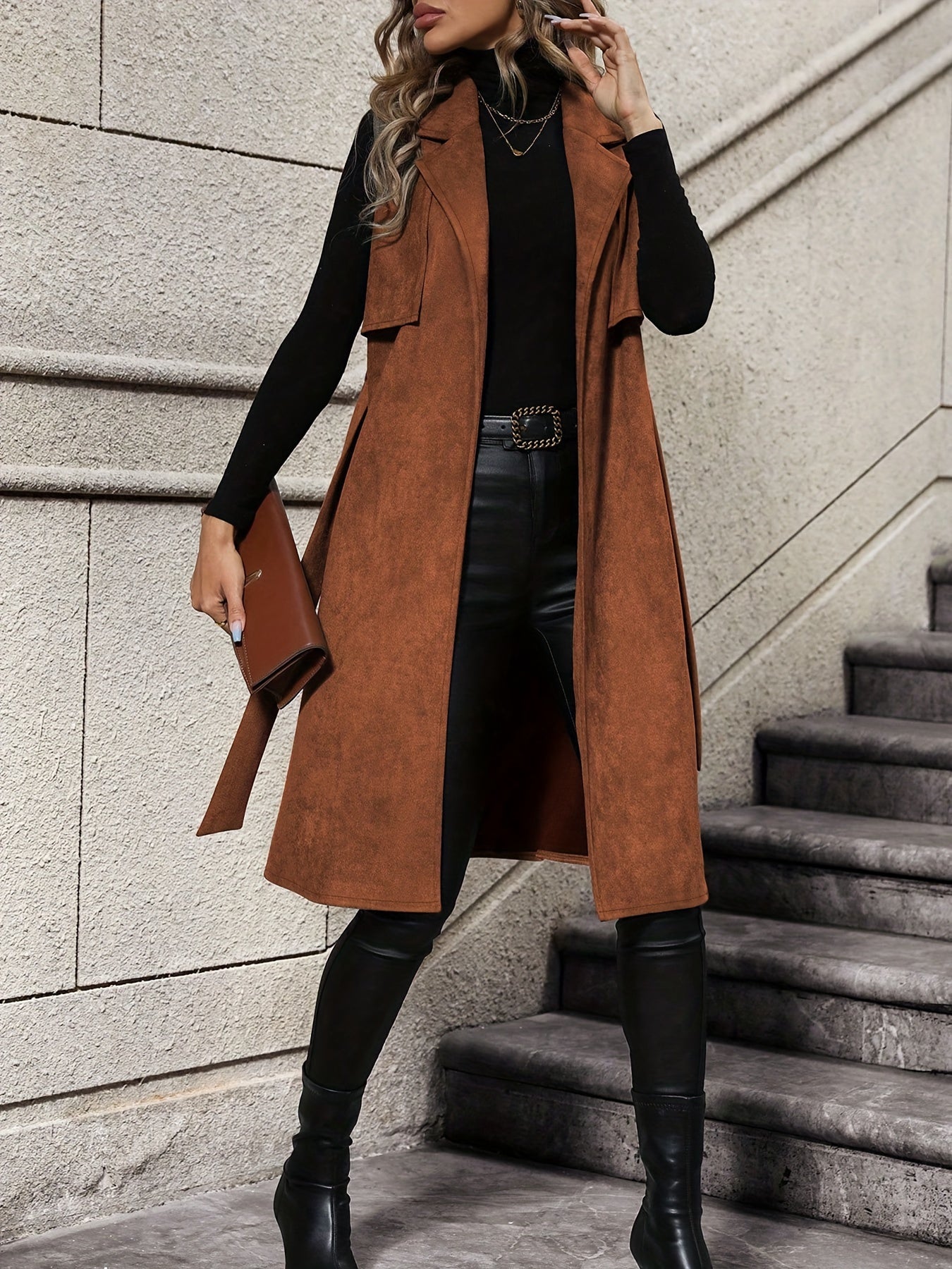 Elegant And Stylish Long Vest with a Belted Waist And No - Button Shawl Collar - veyora