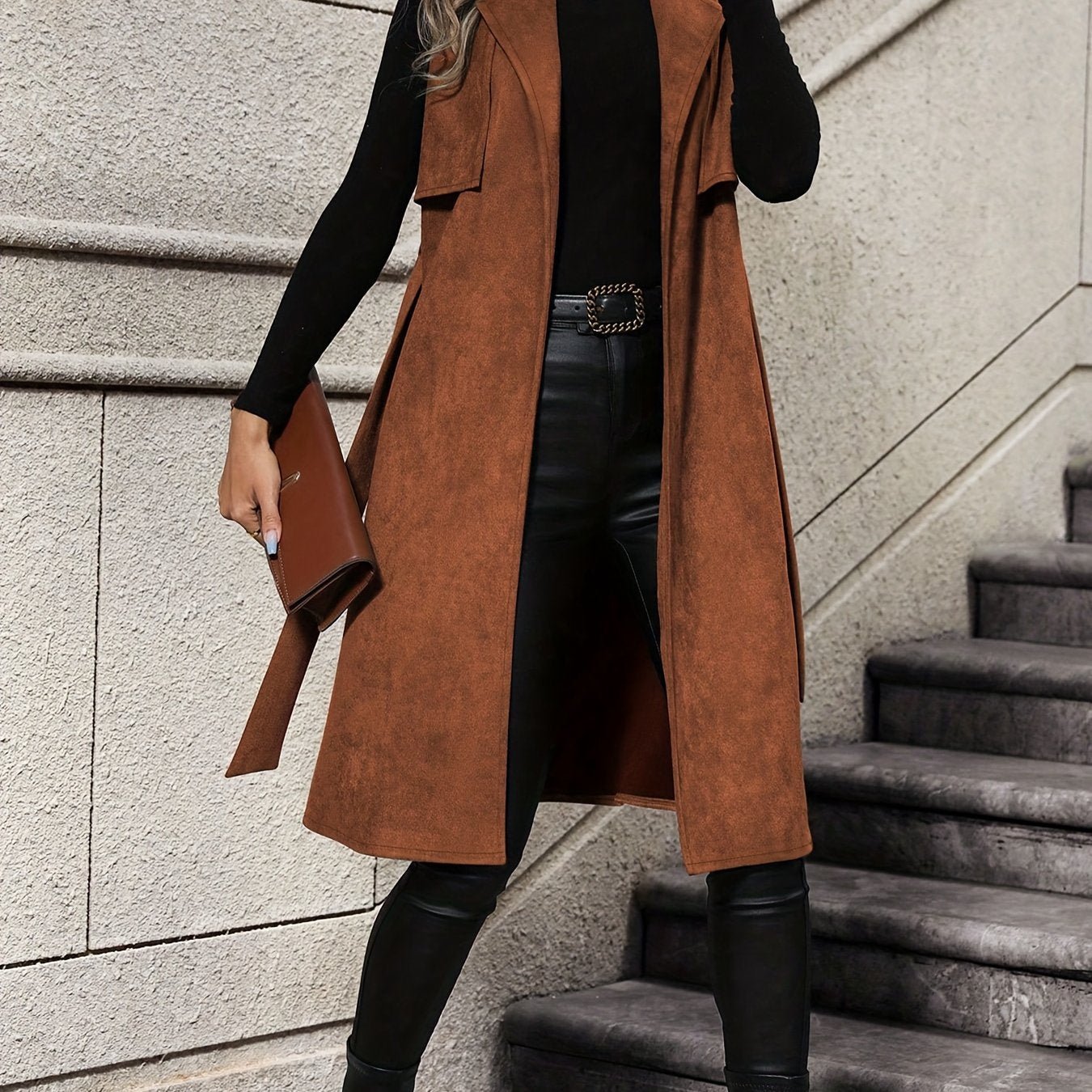 Elegant And Stylish Long Vest with a Belted Waist And No - Button Shawl Collar - veyora