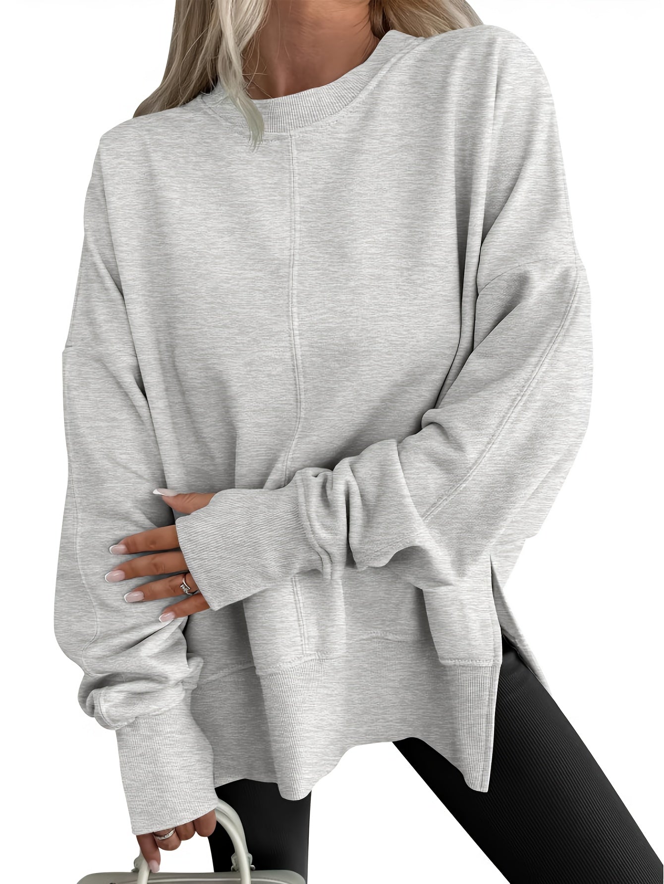 Casual Women'S Hoodie Featuring a Loose Fit, Side Slits, Round Neckline, Batwing Sleeves, And a Velvet Material - veyora
