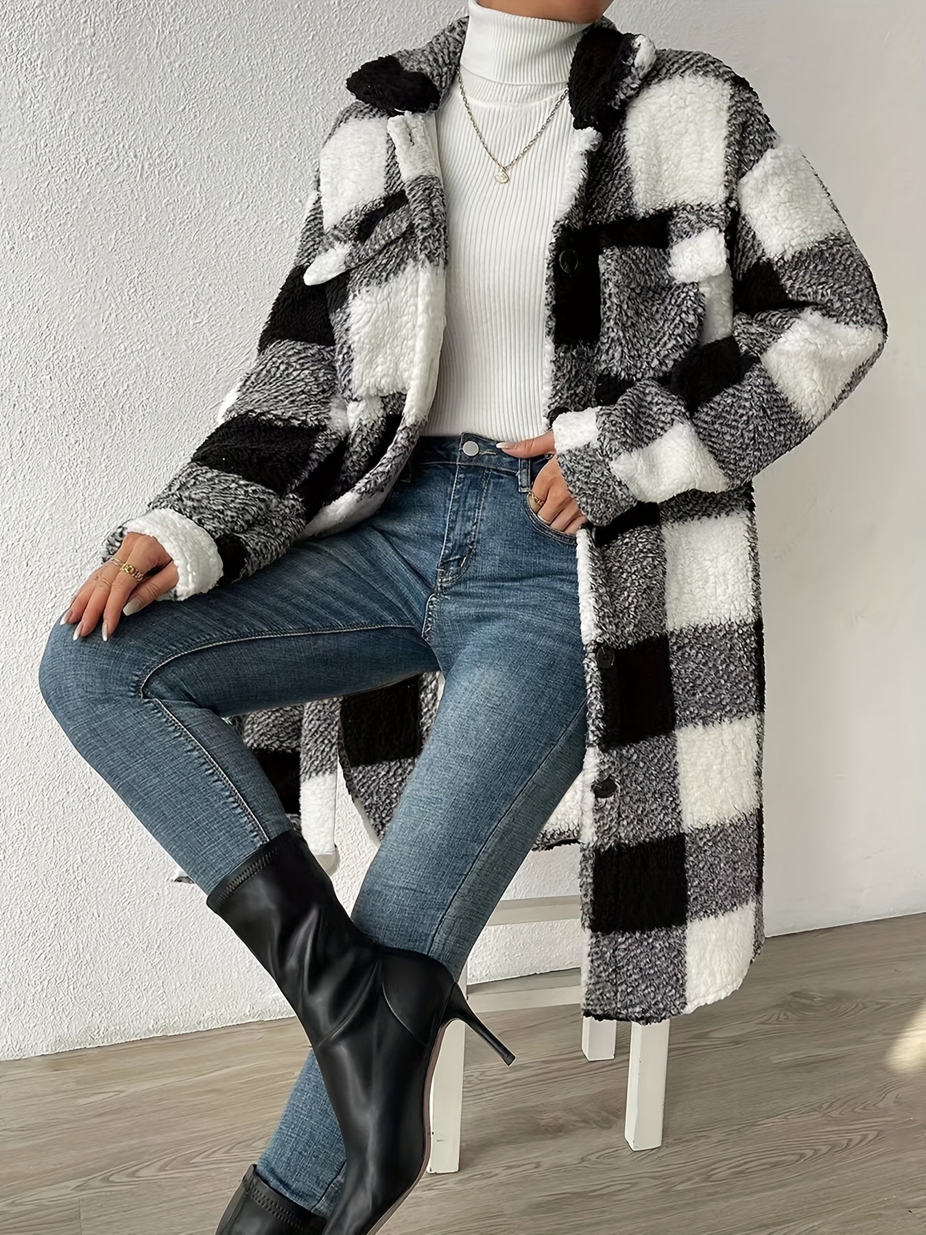 Plaid Pattern Teddy Coat, Casual Button Front Long Sleeve Outerwear, Women's Clothing