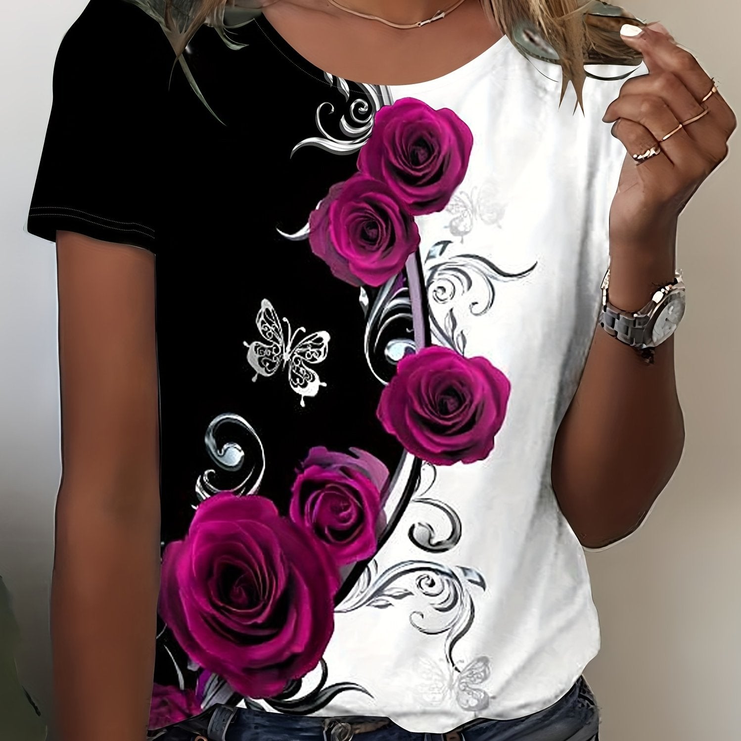 Rose Print Color Block T-shirt, Casual Crew Neck Short Sleeve T-shirt, Women's Clothing - veyora