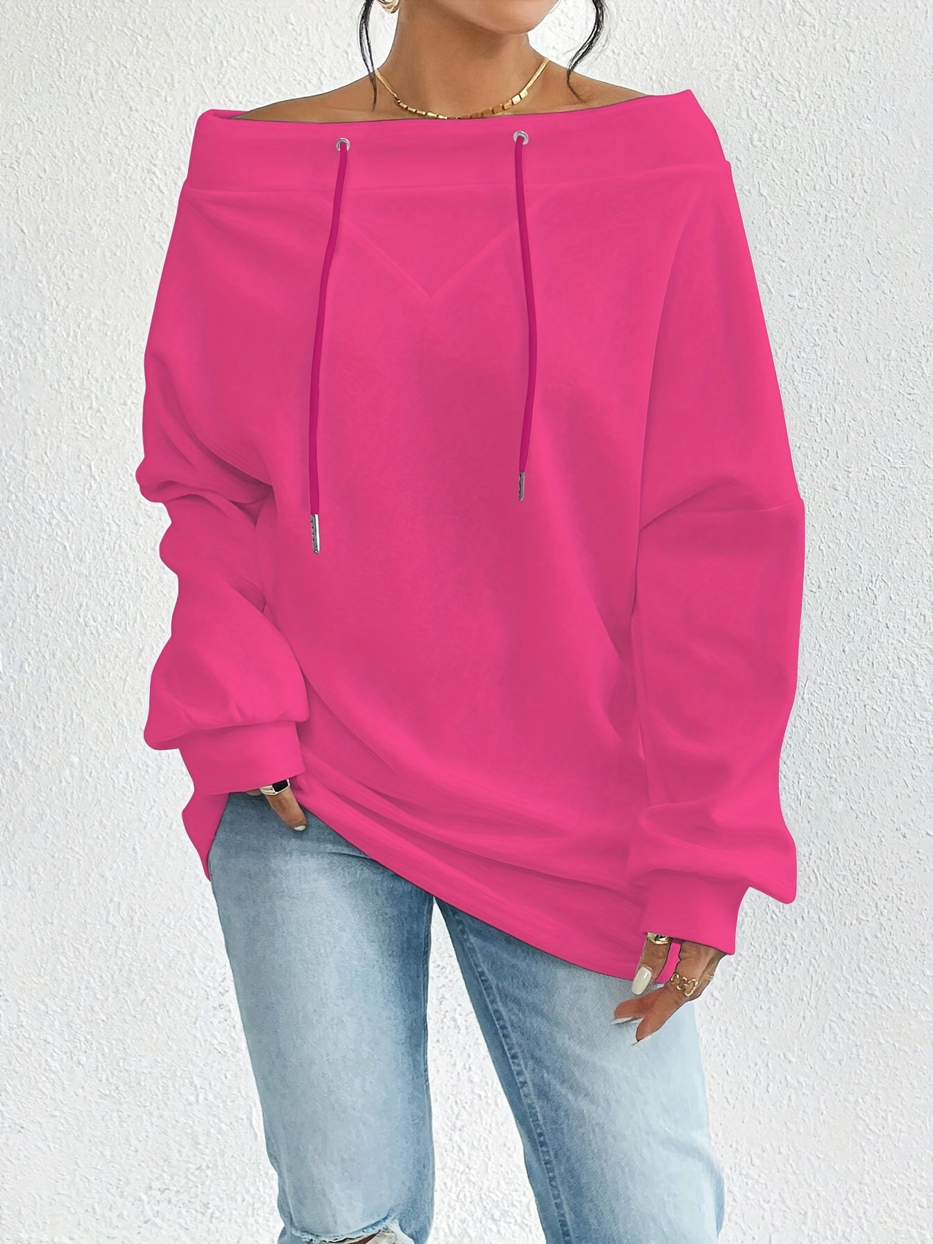 Directional Autumn And Winter New Women'S Loose Casual Commuting Off - Shoulder One - Shoulder Top with Drawstring - veyora