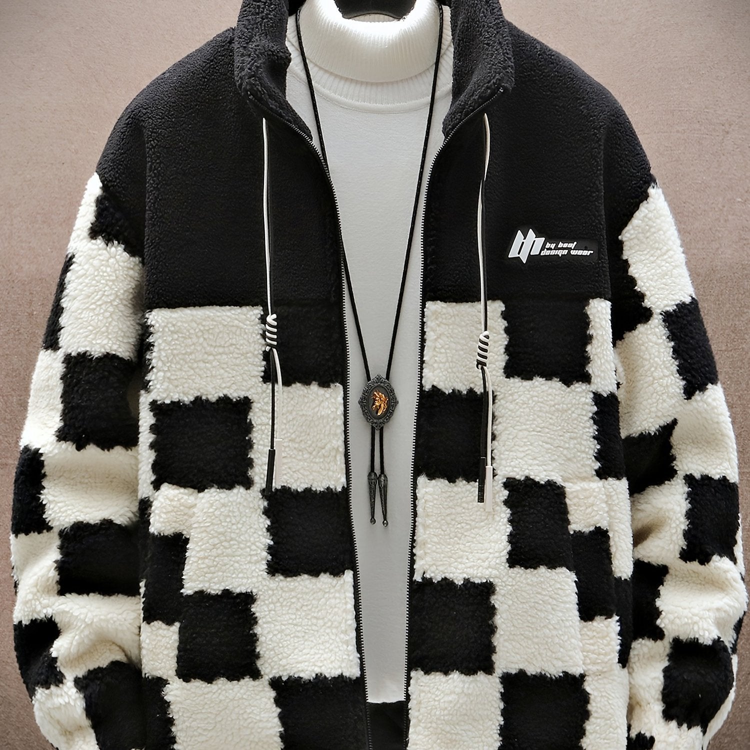 Men's Cold - Weather Jacket, Loose Stand - Up Collar Jacket with Checkerboard Color - Block Patchwork Design, Suitable for Daily Commuting, Campus Wear, and Weekend Shopping, Warm and Soft, Loose Fit for a Slimming Effect, Stylish and Versatile - veyora