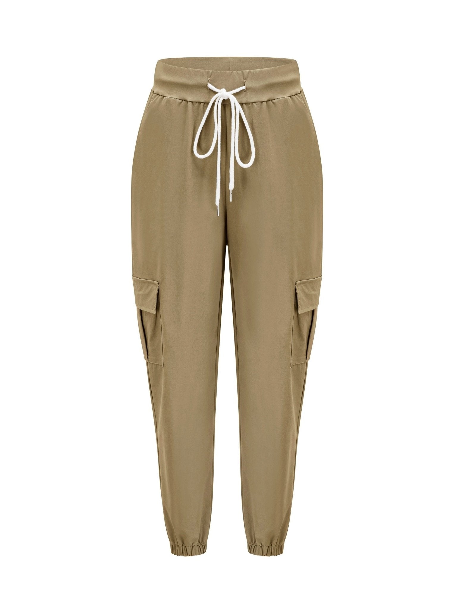 Women'S Casual Cargo Pants with Drawstring Waist, Beige, Multiple Pockets, Frayed Hem, White Sneakers, All - Season Comfort Fit, Casual Wear Pants | Frayed Hem Pants | Functional Pockets - veyora