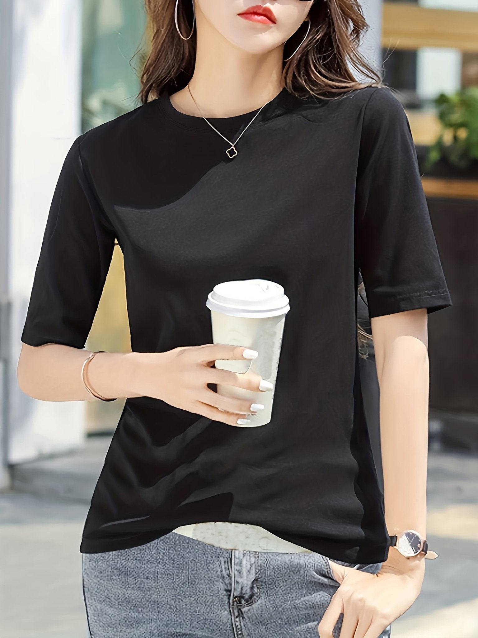 Women'S Elegant Solid Color T-Shirt - Soft Pink Crew Neck Short Sleeve Top, Perfect for Summer Fashion, Everyday Tshirt | Versatile Top | Comfortable Fit - veyora