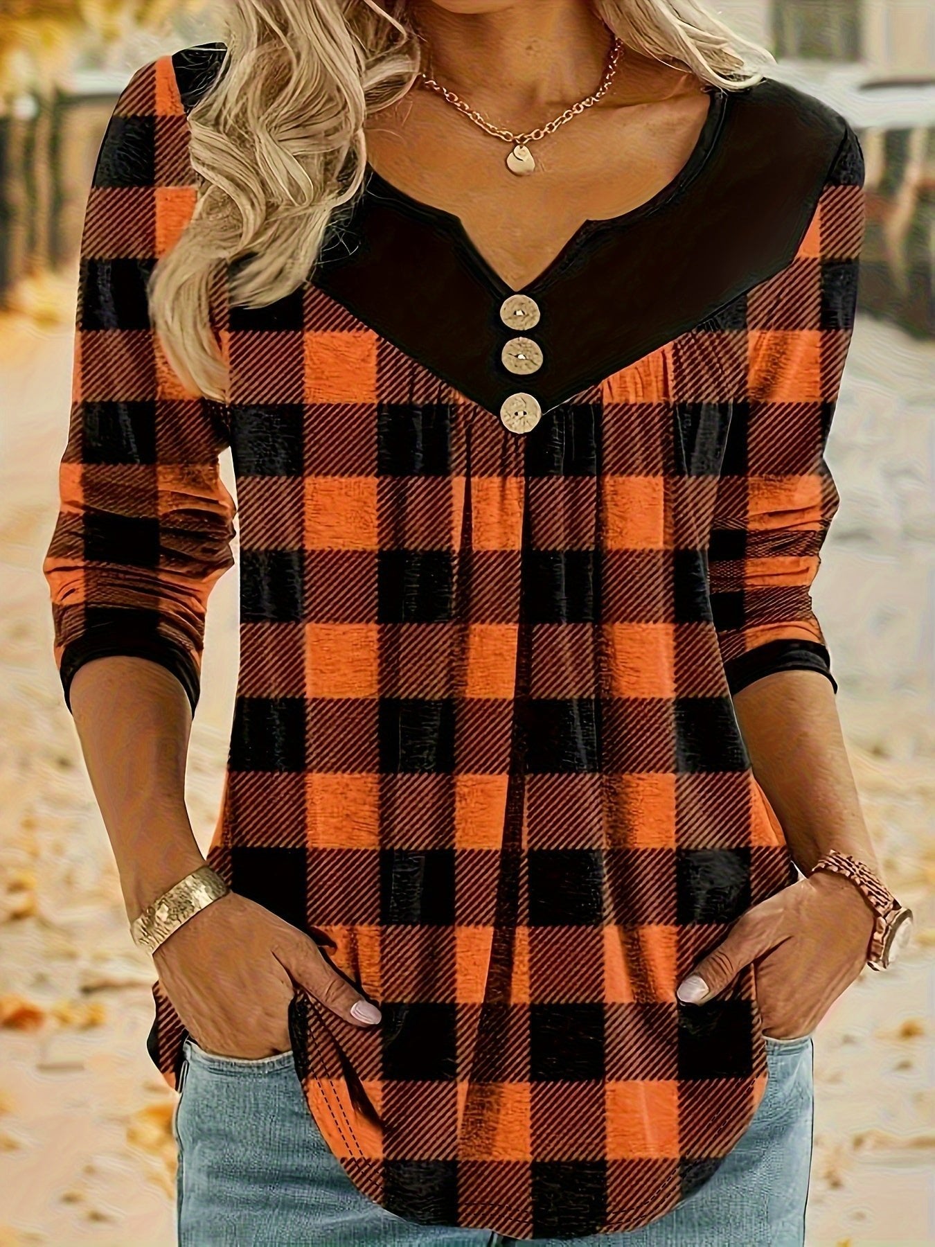 2026 Autumn Christmas Plaid Print Women's Top T-Shirt - veyora