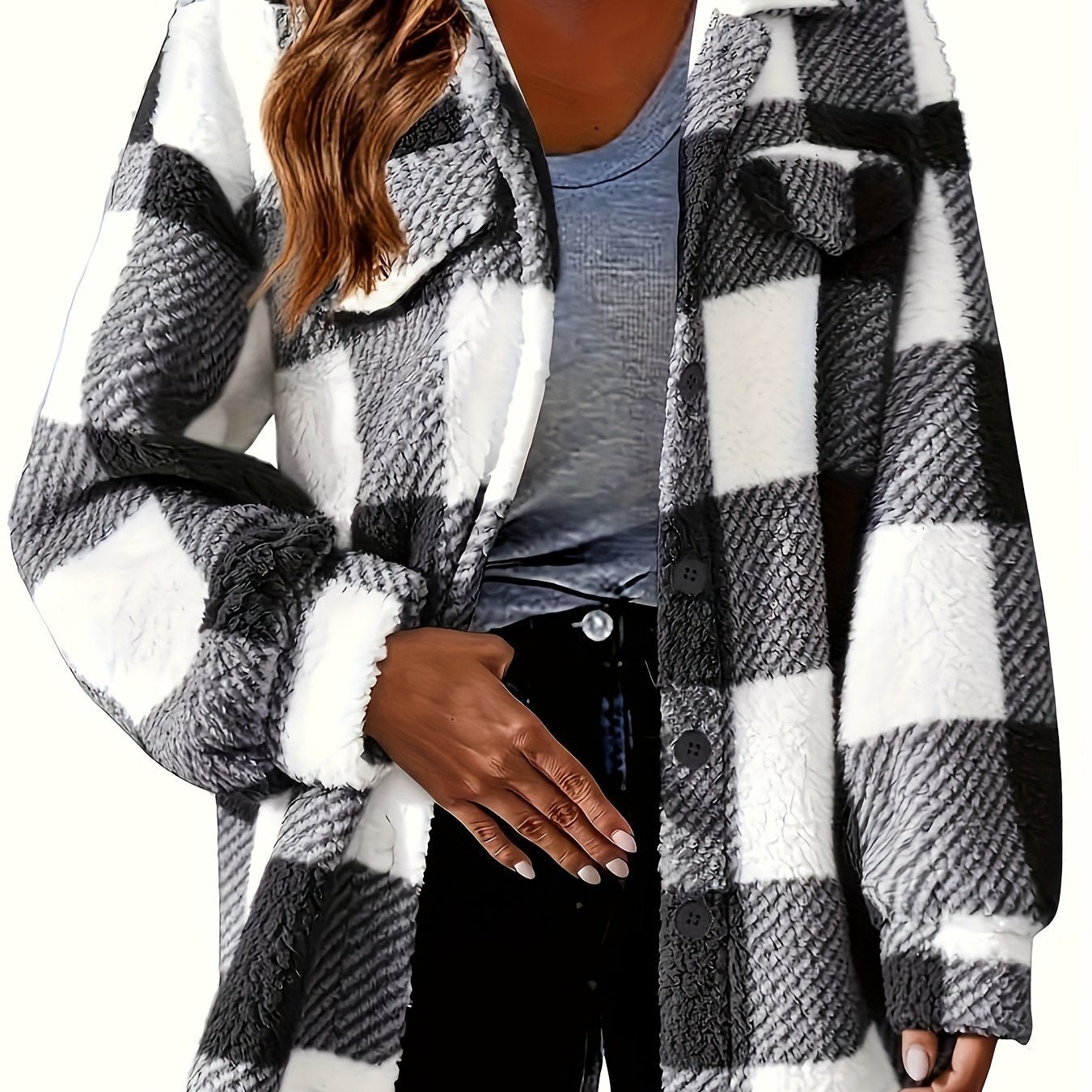 Women'S Casual Plaid Teddy Jacket, Polyester Knit Fabric, with Lapel Collar, Button Front, and Pockets, for Fall/Winter Cozy Outerwear - veyora