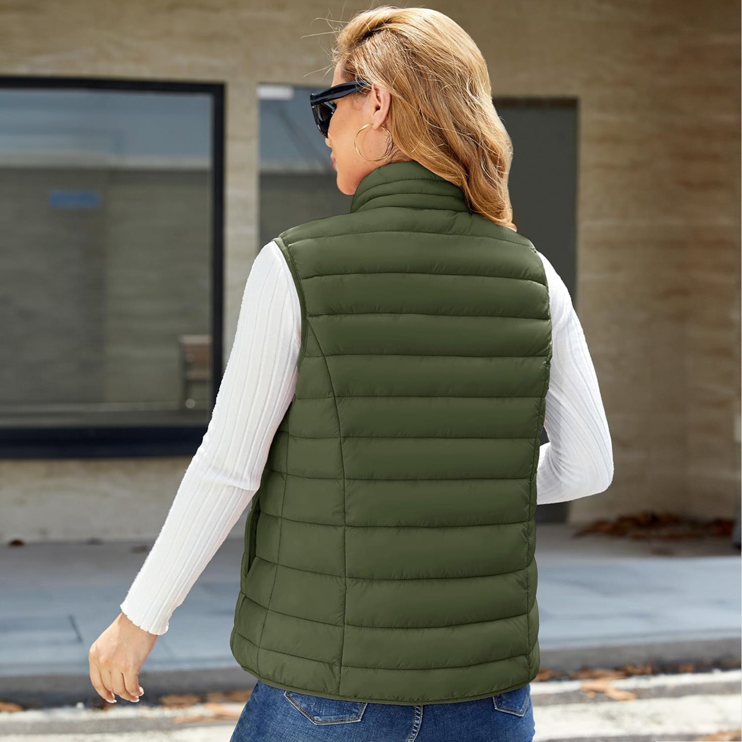 Women's Lightweight Puffer Vest with 4 Pockets & Stand Collar