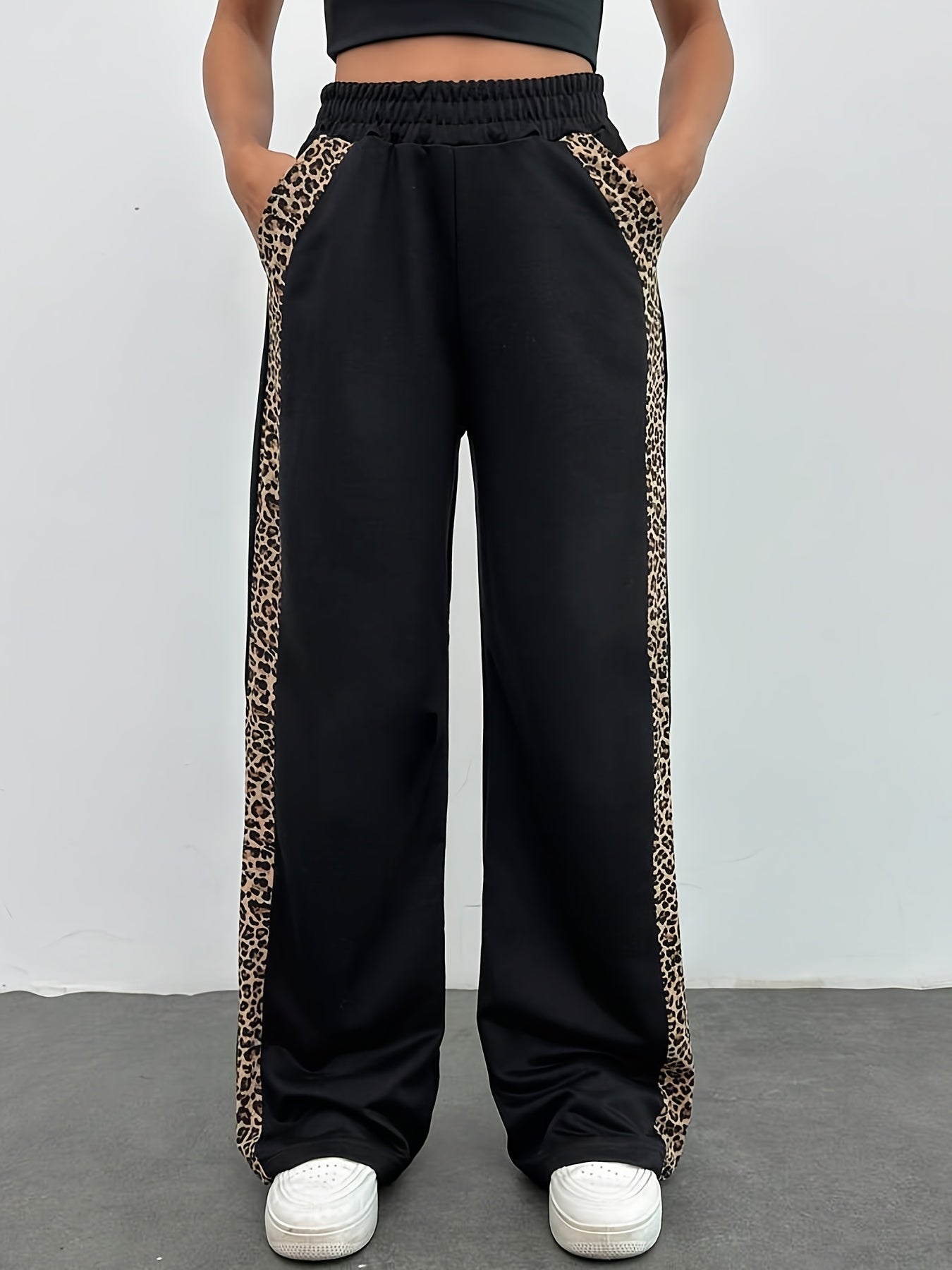 Color - Blocked Sweatpants with Leopard Print Panels - veyora
