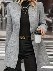 Women's Stylish Mid-Length Tweed Coat - Slim Fit Casual Polyester Outerwear with Button Front, Long Sleeves, and Side Pockets for Fall/Winter