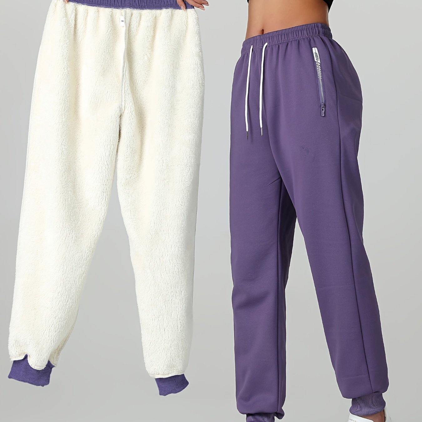 1pc of Autumn/winter Women's Long Pants, - lined Warm Casual Sweatpants for Women, Featuring an Elastic Drawstring Waist, Angled High Quality Zippered Pockets, and Windproof Thermal Cuffed Pants, Suitable for Daily Winter Wear at Home - veyora