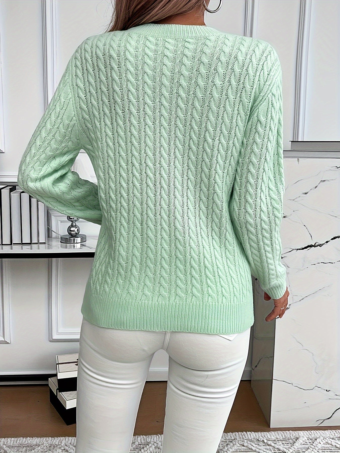 Cable Knit Crew Neck Sweater, Casual Solid Color Long Sleeve Sweater For Fall & Winter, Women's Clothing