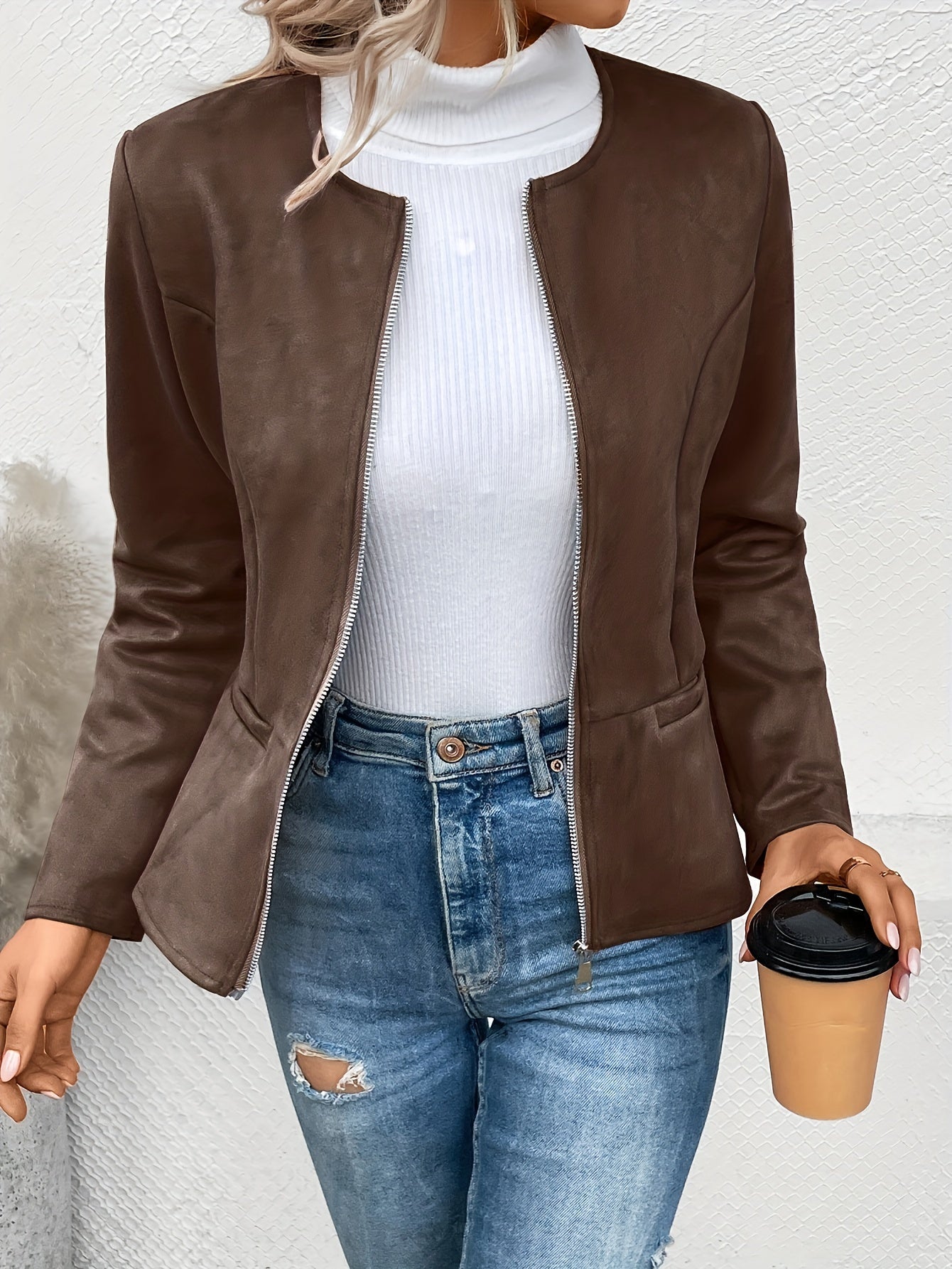 Ladies Fashion Round Neck Slim Top Long Sleeve Access Control Zipper Cardigan Cropped Jacket - veyora