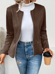 Ladies Fashion Round Neck Slim Top Long Sleeve Access Control Zipper Cardigan Cropped Jacket - veyora