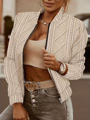 Zip Front Textured Jacket, Casual Solid Color Long Sleeve Jacket For Spring & Fall, Women's Clothing - veyora