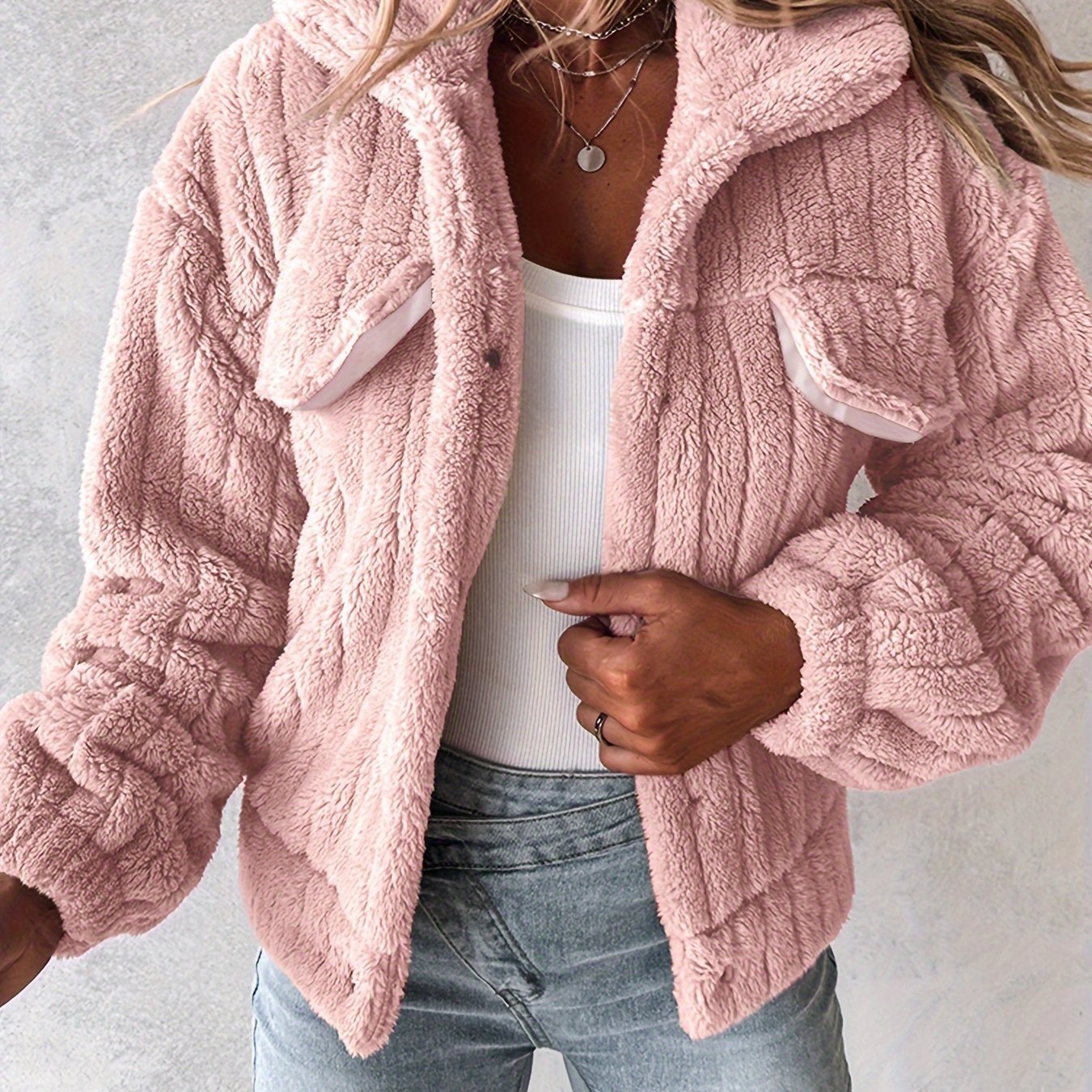 Women's Plush Casual Jacket - Soft Pink Winter Coat with Stand - Up Collar & Button Front, Machine Washable Fall/Winter Outerwear for Everyday Comfort, Buttonup Front, Cozy Fabric - veyora