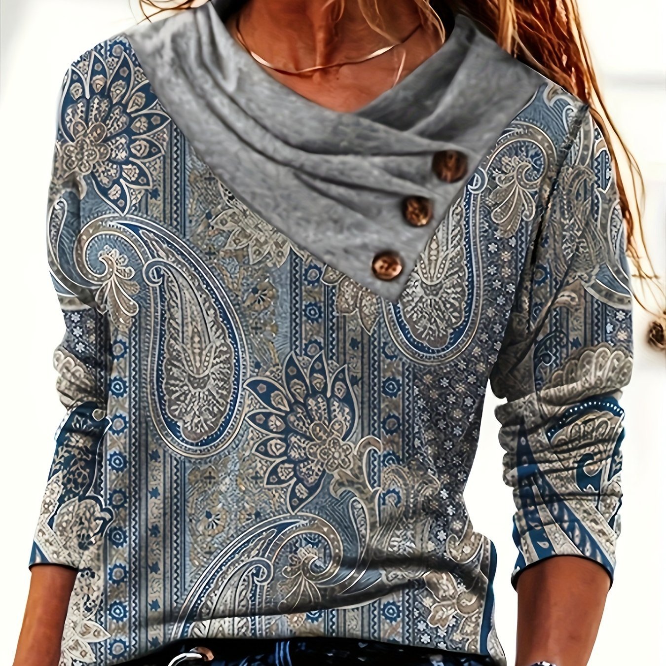 Women'S Elegant Floral Print Long Sleeve V - Neck Button Detail Asymmetric Shoulder Fall Knit Top, High Stretch Polyester 95% Spandex 5% Slim Fit Casual Streetwear Shirt for Spring/Autumn - veyora