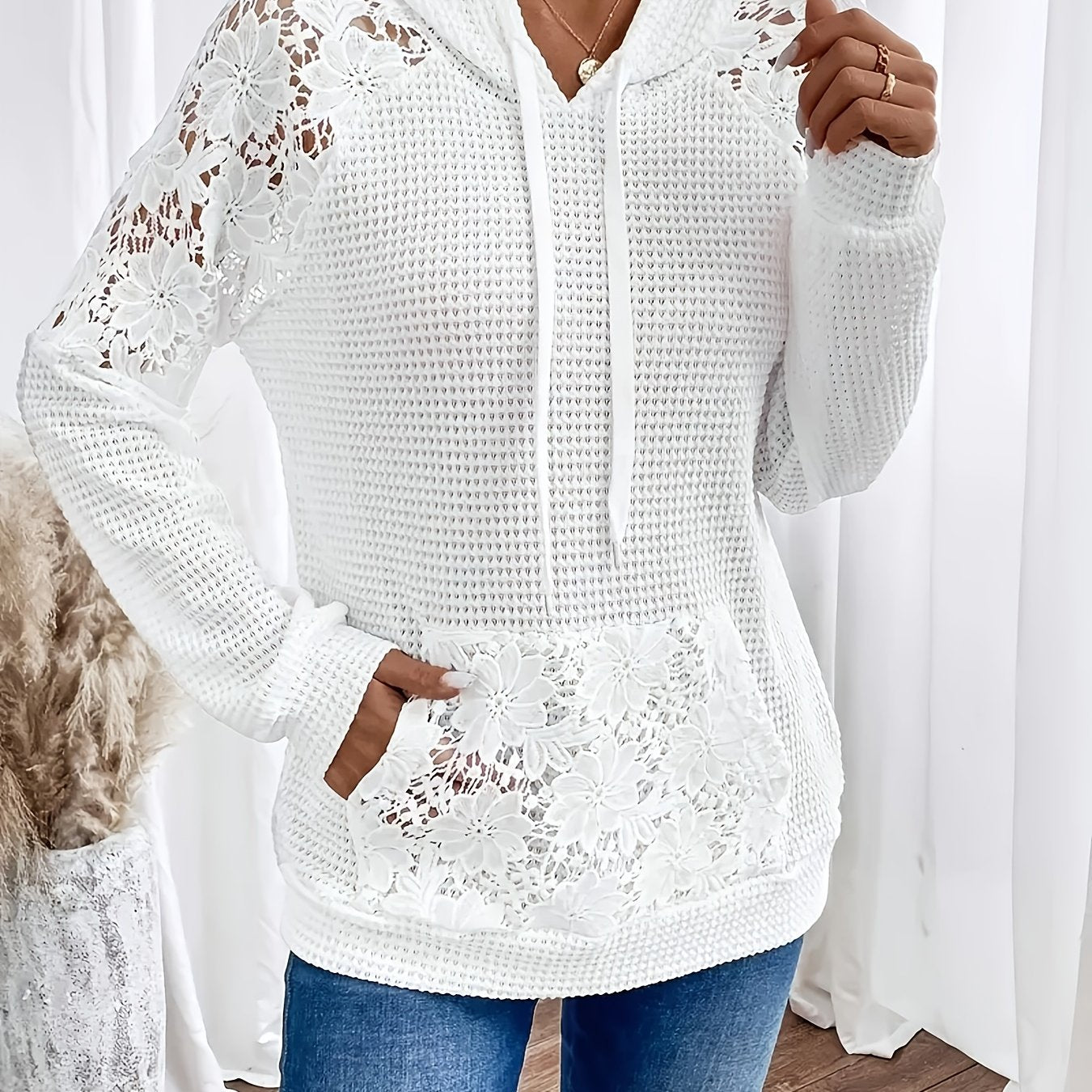Hooded Lace - trimmed Casual Fashion Raglan Sleeve Top Hoodie - veyora