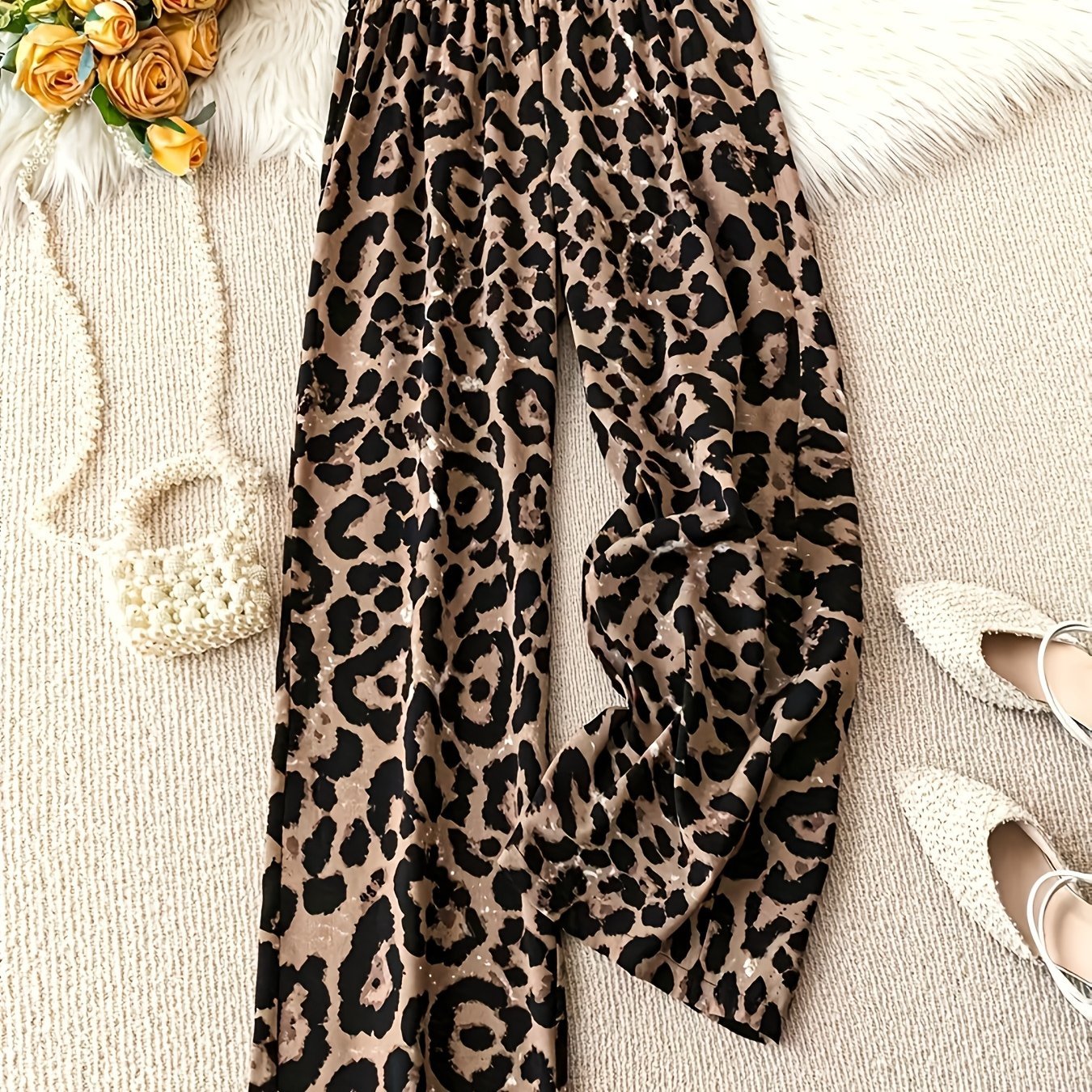 1pc Leopard Print Wide Leg Pants for Women - Casual Loose Fit Elastic Waist Long Trousers, Polyester Woven Fabric, Shirred Detail, Perfect for Weekend Wear - Spring/Summer/Fall Collection - veyora