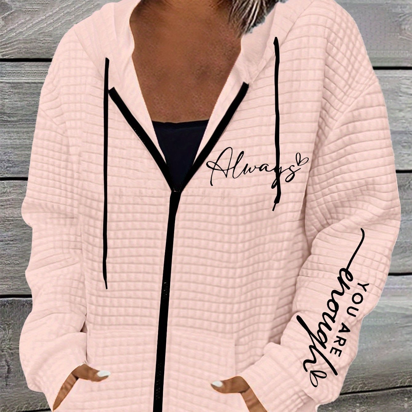 Letter Print Zipper Dual Pockets Hoodie, Casual Long Sleeve Drawstring Hoodies Sweatshirt, Women's Clothing - veyora