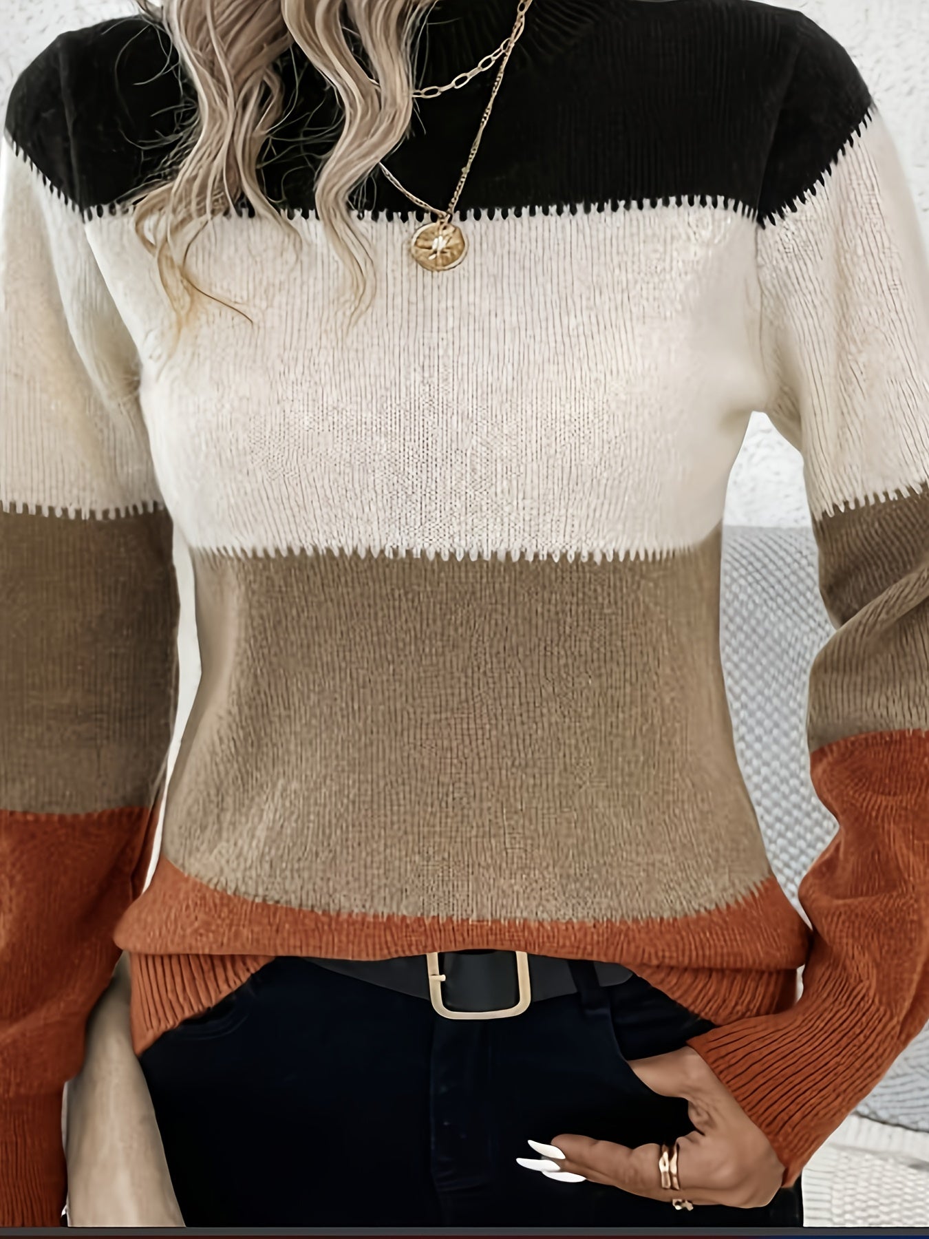 Trendy Color Block Mock Neck Pullover Sweater - Warm & Comfortable Long Sleeve - Perfect for Casual Everyday Style - Womens Winter Wear