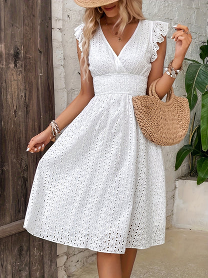 Solid Color Ruffle Sleeve A-line Dress - Chic Surplice Neck for a Flattering Silhouette, Delicate Ruffle Sleeves for Added Elegance - Perfect for Spring and Fall Seasons, Womens Stylish Clothing