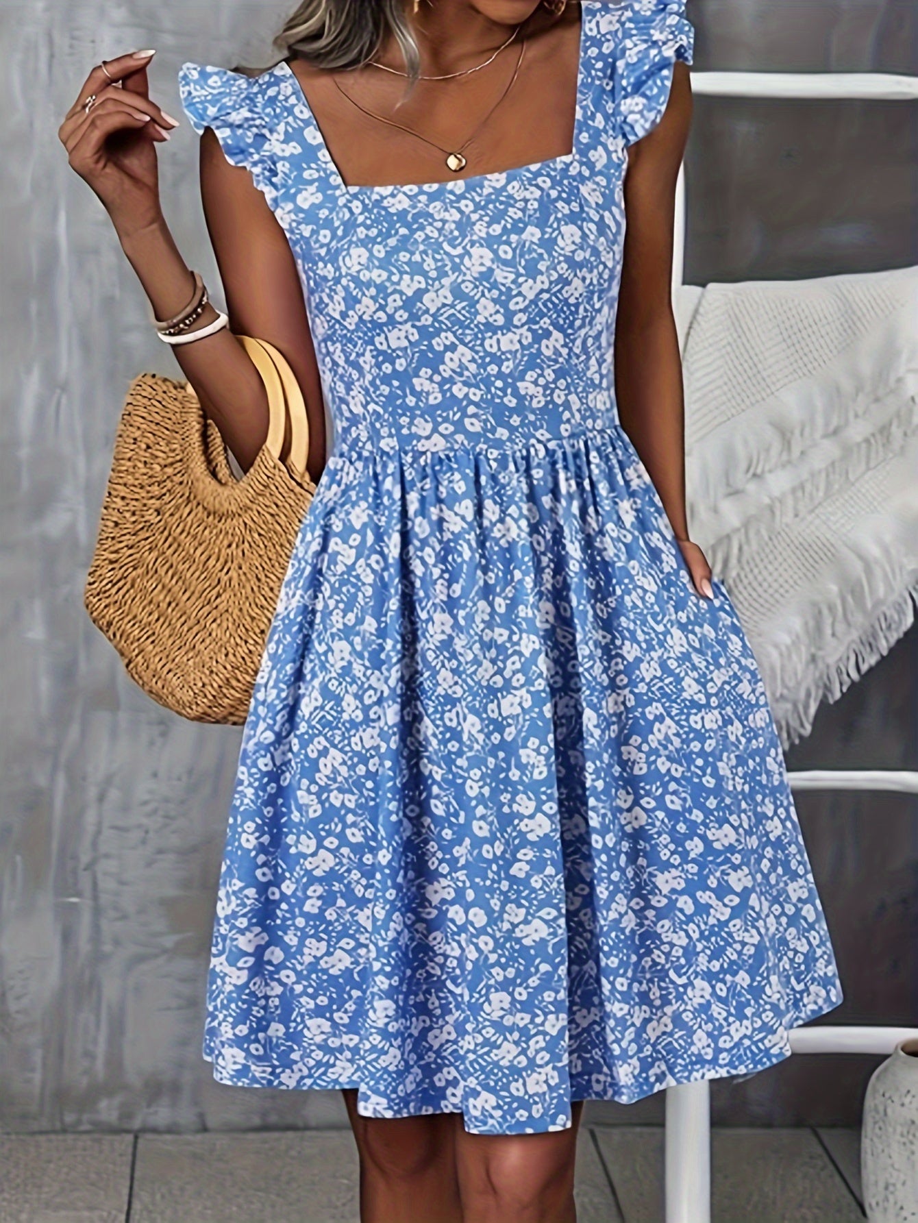 For Spring & Summer, Elegant Square Neck Dress with Ruffle Sleeves, Cinched Waist, Patched Pockets, Floral Print, Women's Clothing
