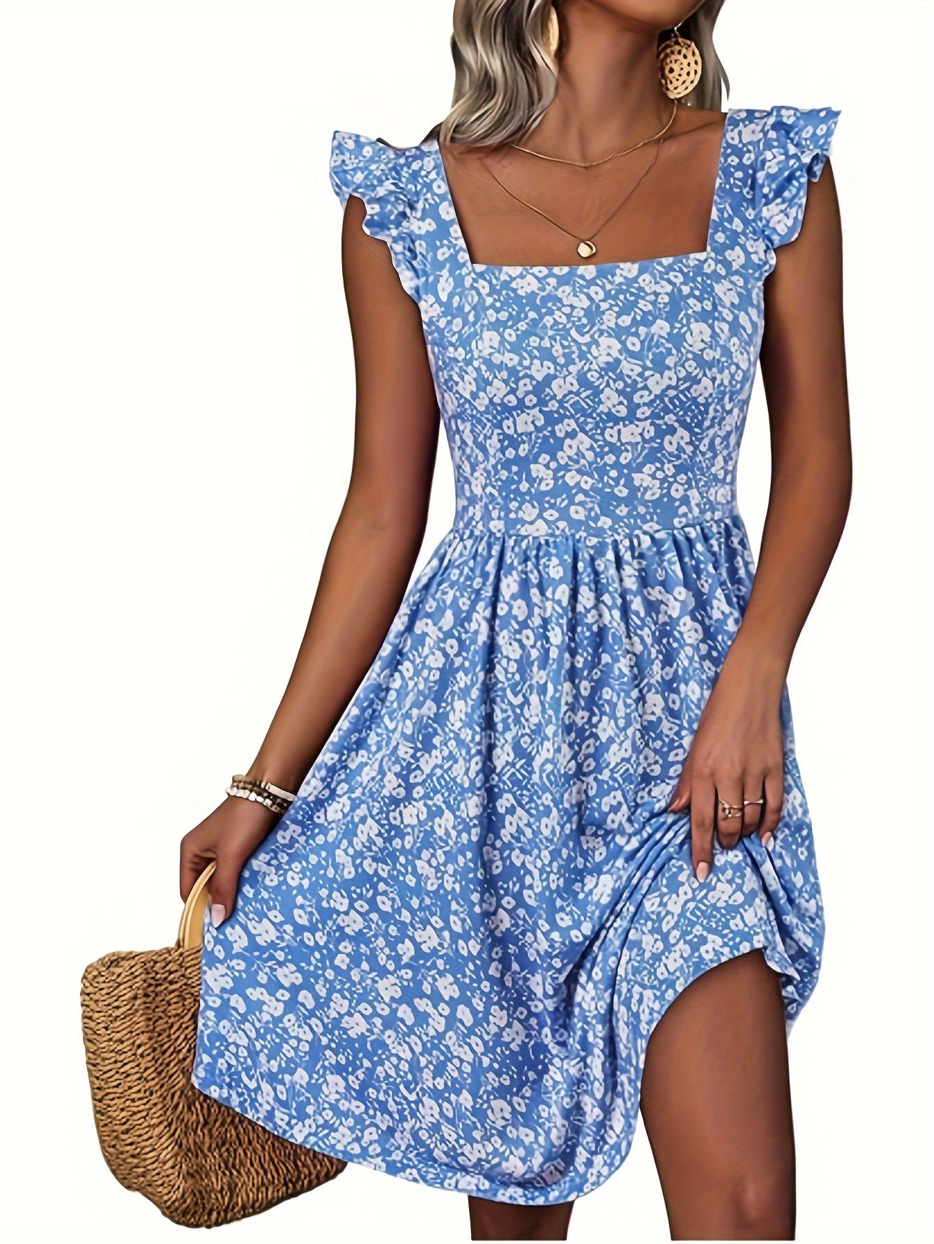 For Spring & Summer, Elegant Square Neck Dress with Ruffle Sleeves, Cinched Waist, Patched Pockets, Floral Print, Women's Clothing