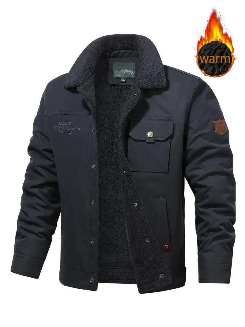 Men's Casual Warm Jacket with Flap Pockets, Fleece Lining - Fall & Winter Essentials, Perfect Gift for Boyfriend & Dad - veyora
