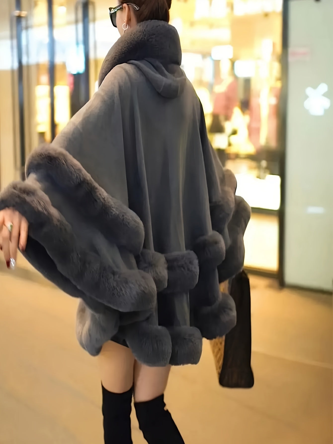 Women's Winter Cape - Style Faux Fur - Lined Hooded Cardigan - Burgundy Plush Open Front Oversized Coat for Cold Weather, Middle Eastern - Inspired Elegance, Dry Clean Only, Ladies Winter Coats, Cold Weather Apparel, Cape Style Outerwear, Luxury Fabric Coat - veyora