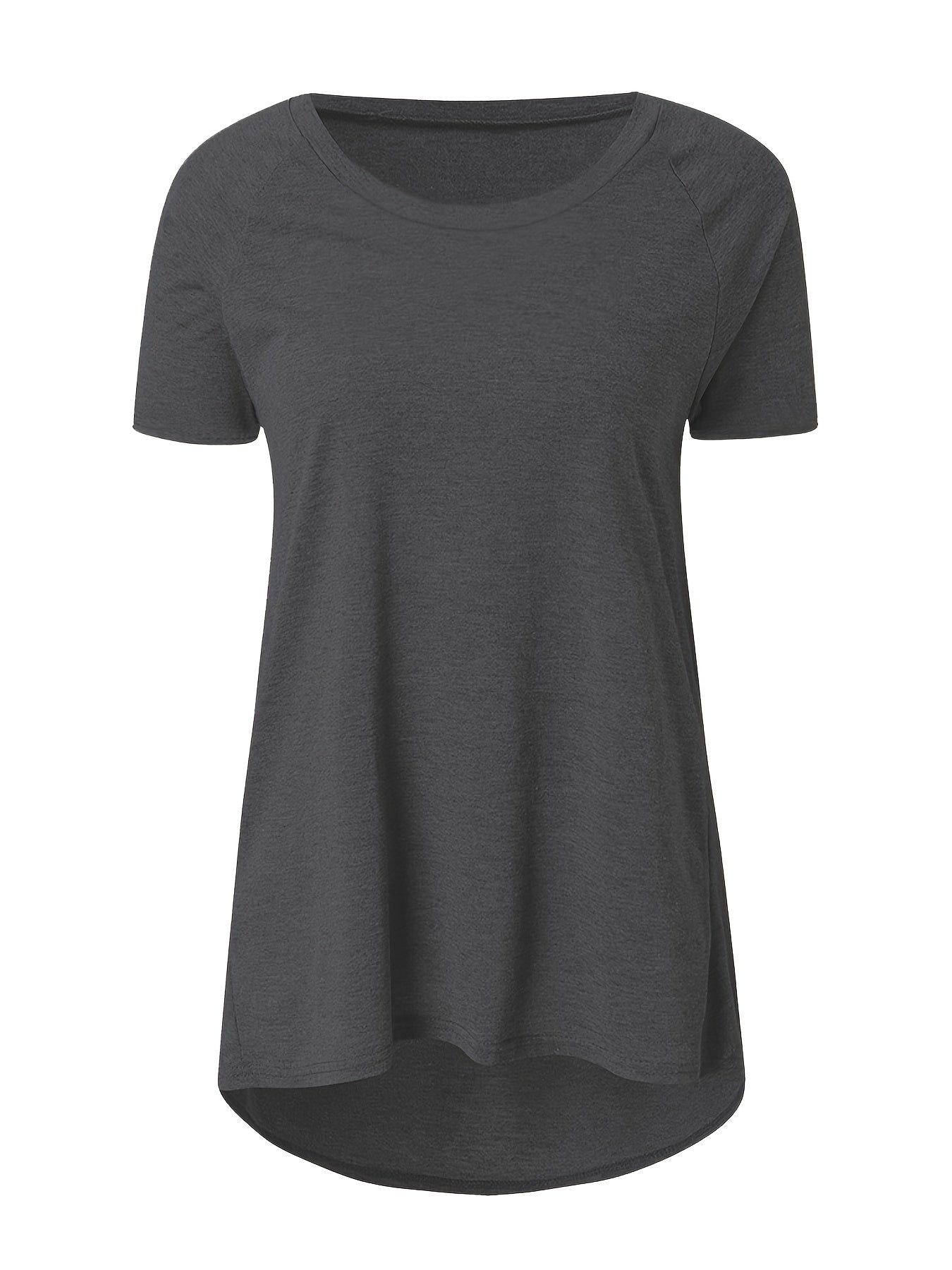 Women's Round Neck V - Neckline Longline Solid Color Short Sleeve T-Shirt - veyora