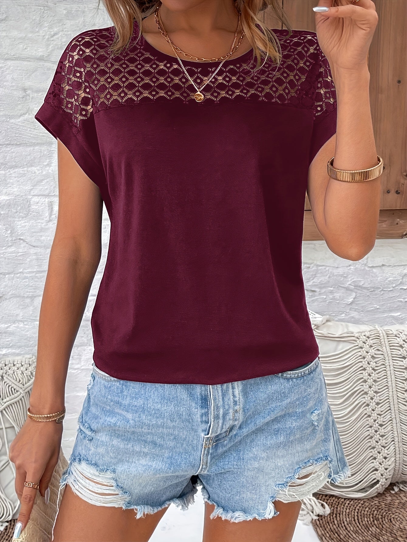 Vacation - style Lace Off - shoulder Batwing Short - sleeve T-shirt - veyora