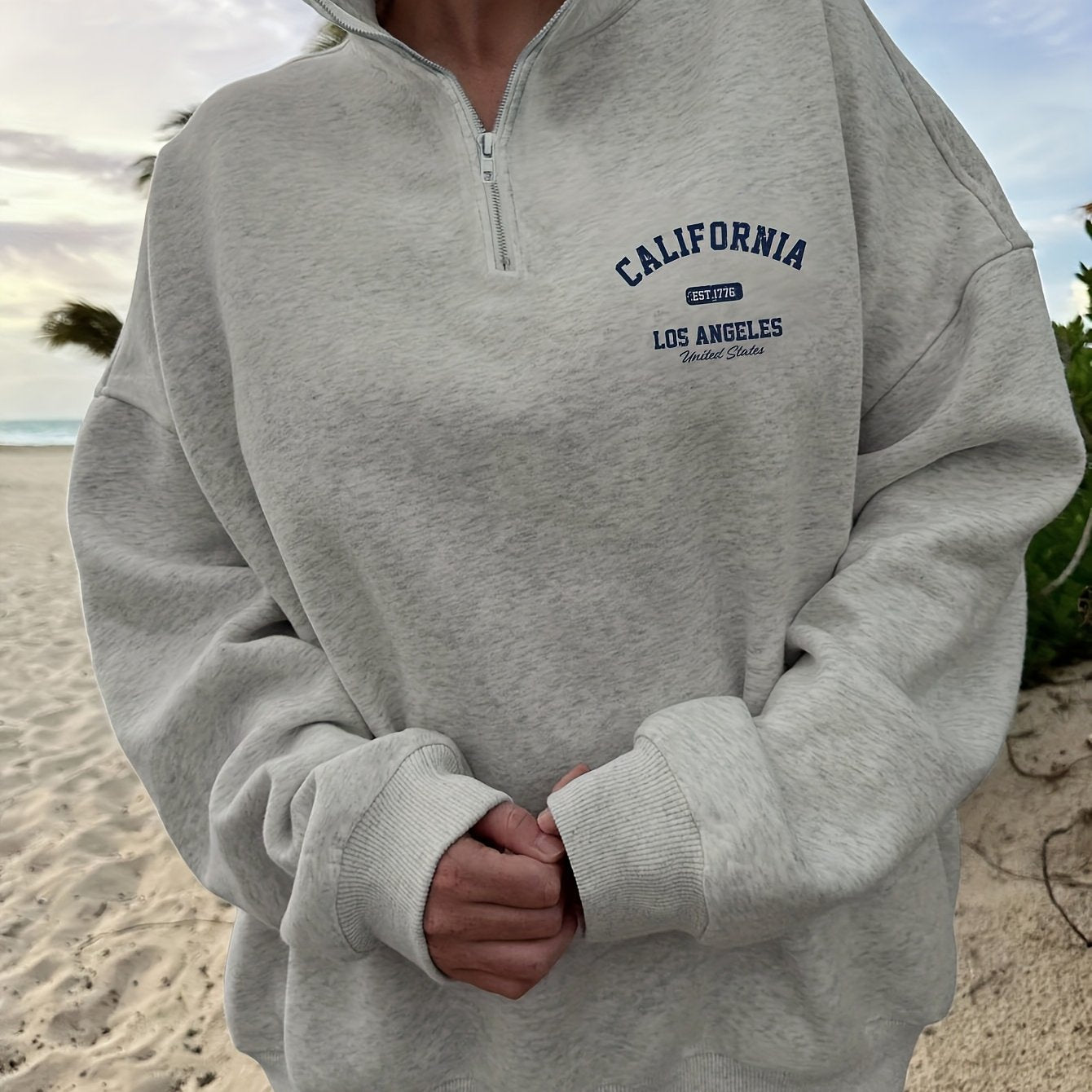 Women's City Print Loose Half - Zip Floral Gray High - Neck Sweatshirt - veyora