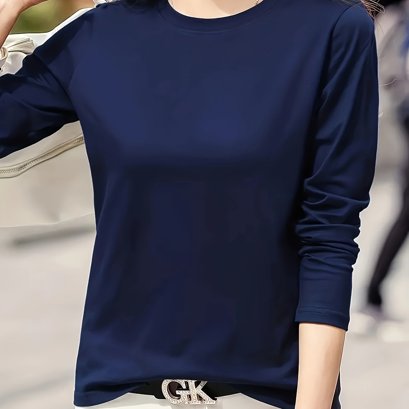 Women'S Elegant Crew Neck T-Shirt, 100% Polyester Knit Fabric, High Stretch Solid Color Top, Regular Length, 180gsm - Spring/Summer Fashion - veyora