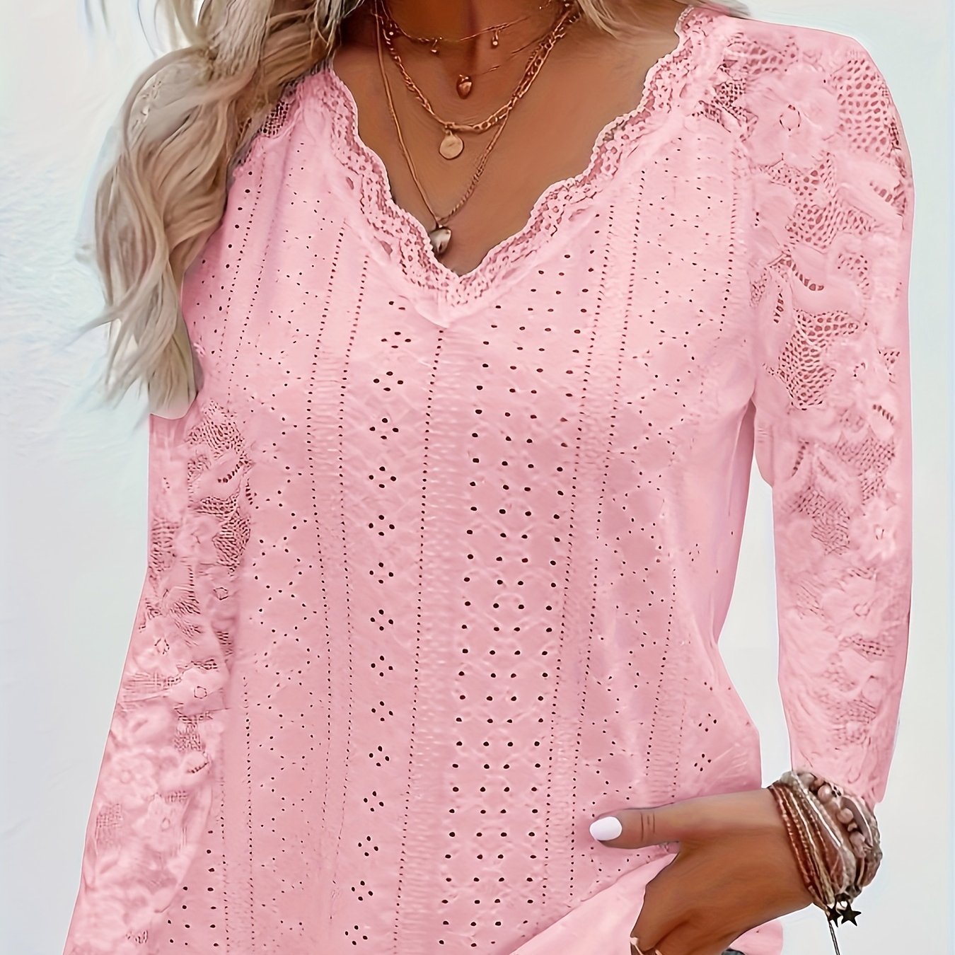 Contrast Lace V - neck Eyelet T-Shirt, Elegant Long Sleeve T-Shirt For Spring & Fall, Women's Clothing - veyora
