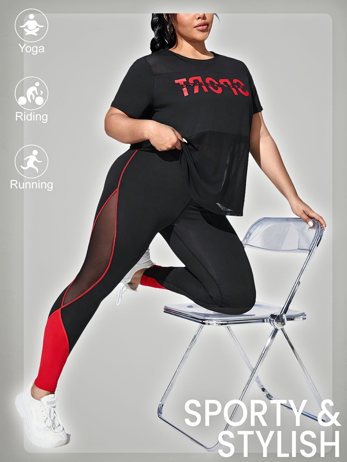[Fashionable Contrast Design] Plus Size Women's Sporty Mesh Color - Block Set - High - Stretch Breathable Top & Leggings, Casual Yoga Street Outdoor Running, Crew Neck - veyora